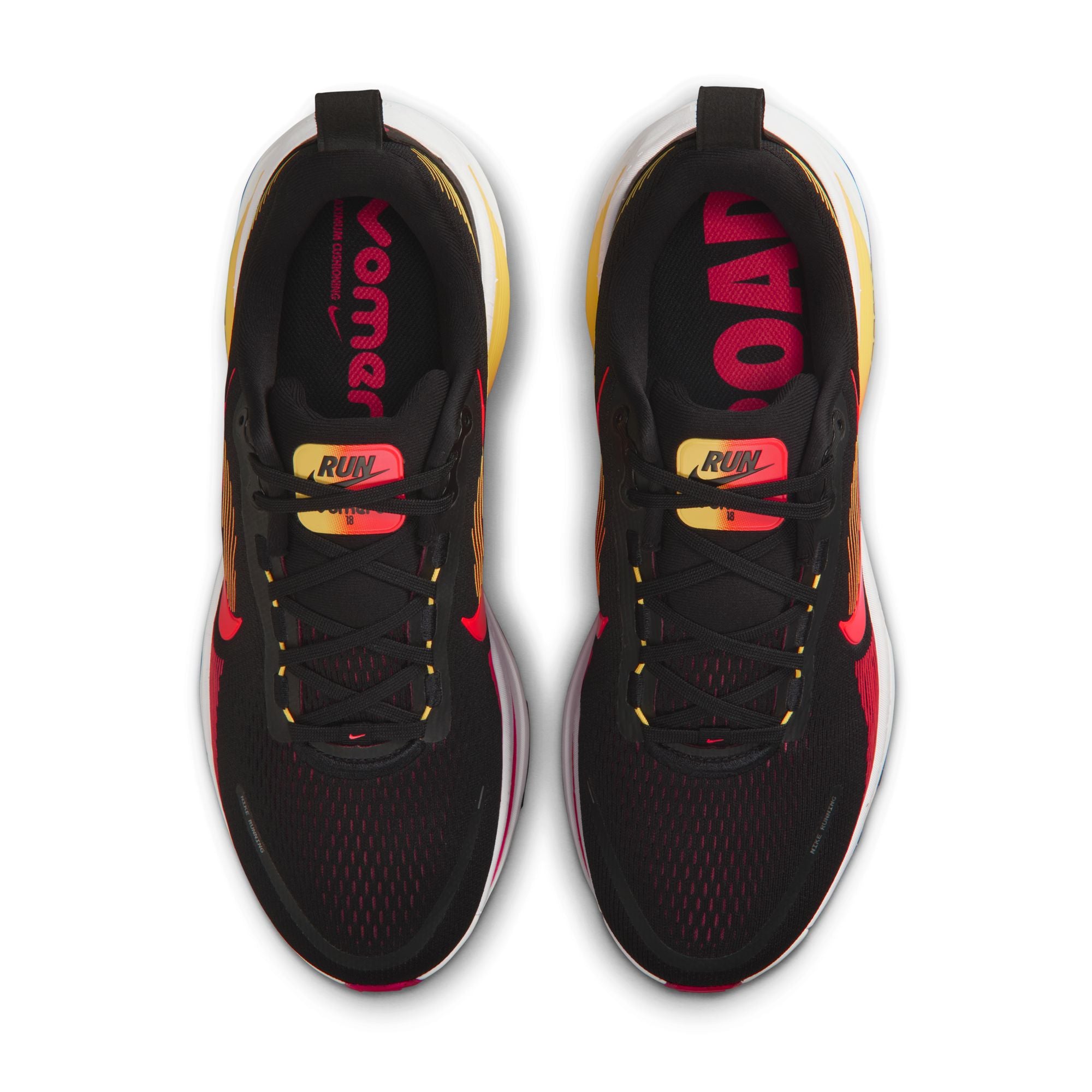 Black running shoes with red and yellow accents on a white background