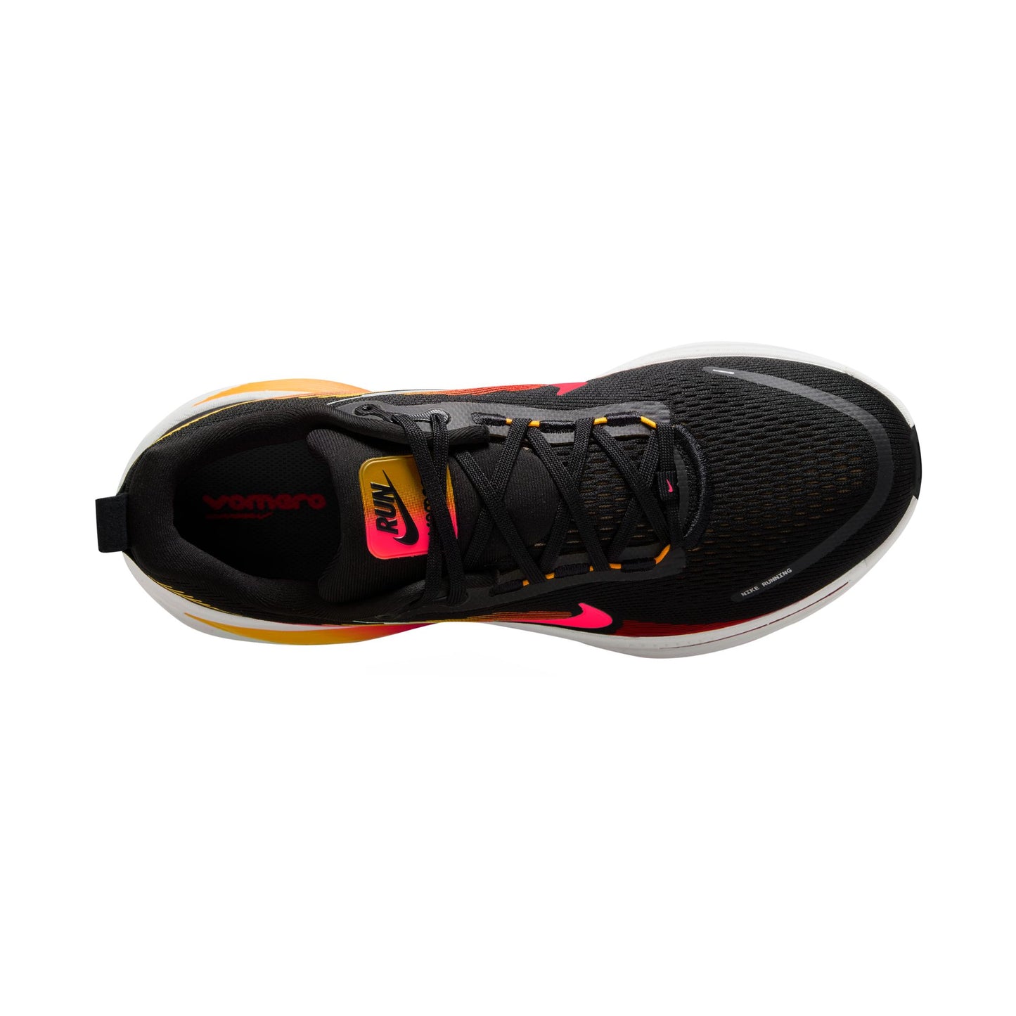 Black running shoe with colorful accents on a white background