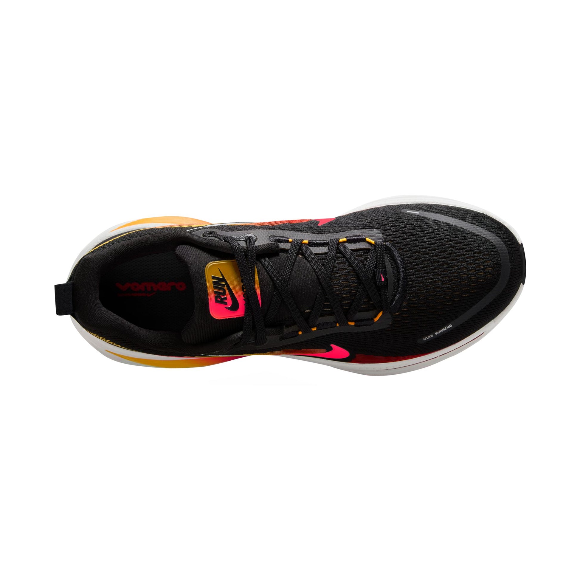 Black running shoe with colorful accents on a white background