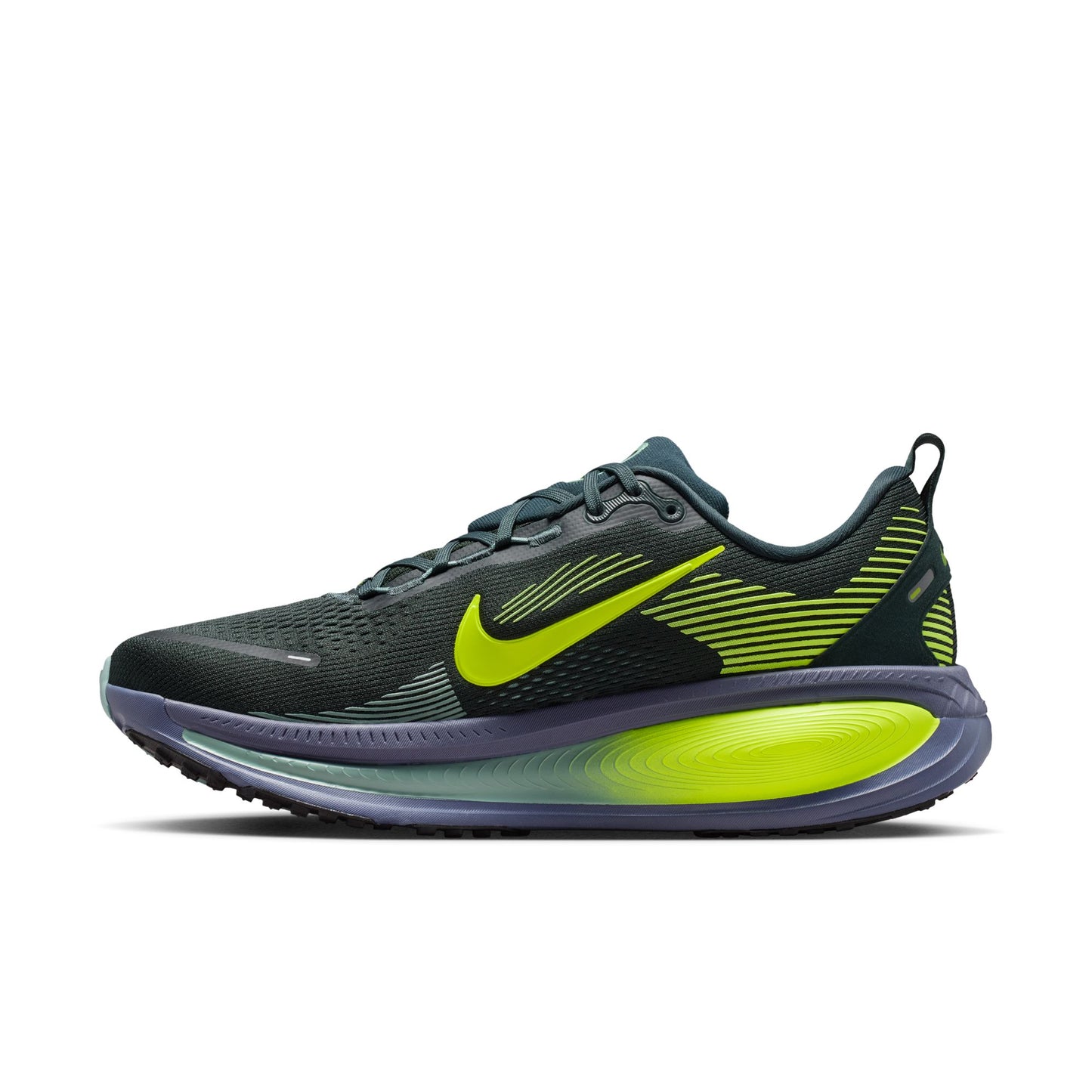 Gray and green running shoe with Nike logo on a white background