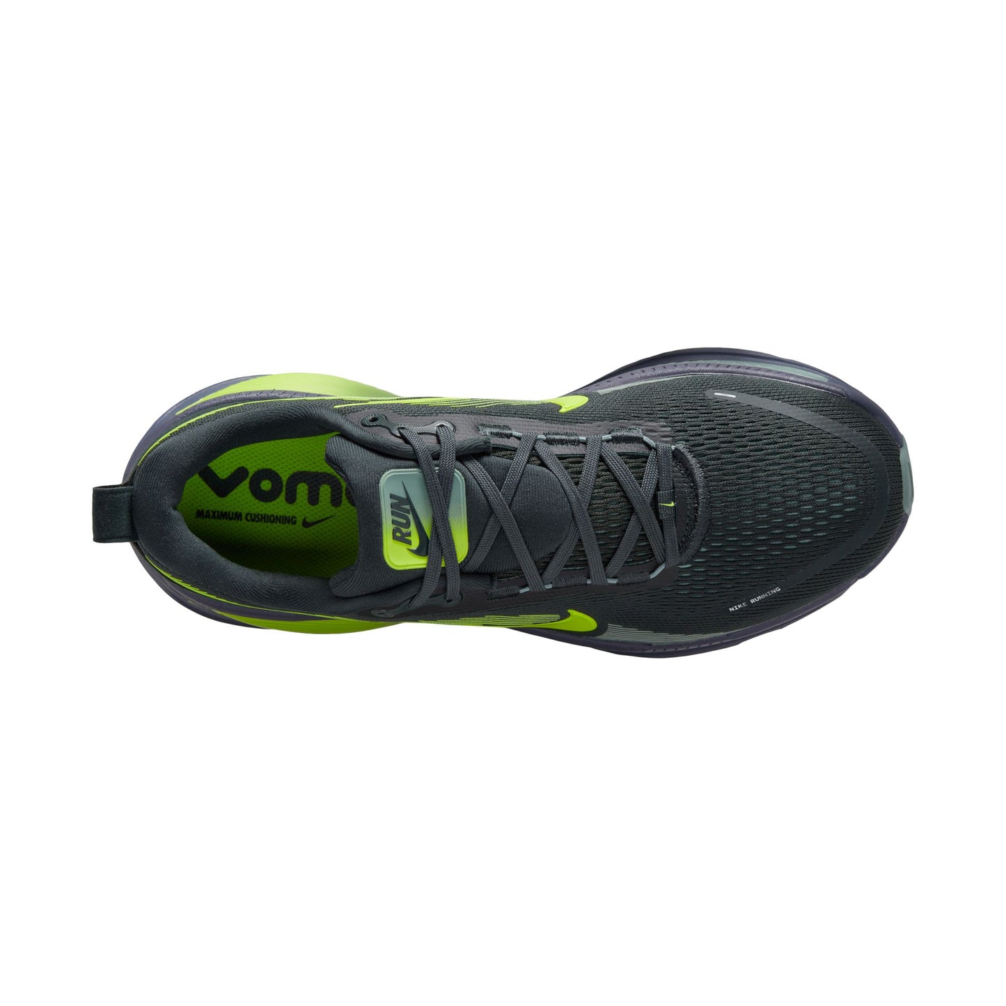 Black and green running shoe on a white background