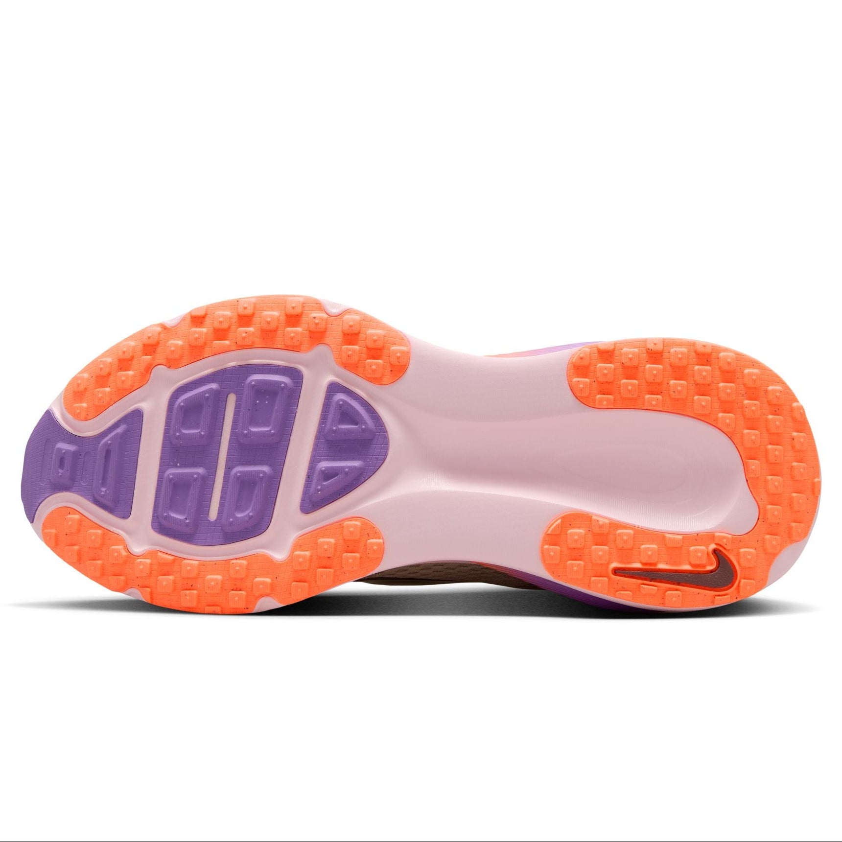 Close-up of a shoe sole with orange and purple tread pattern on a white background