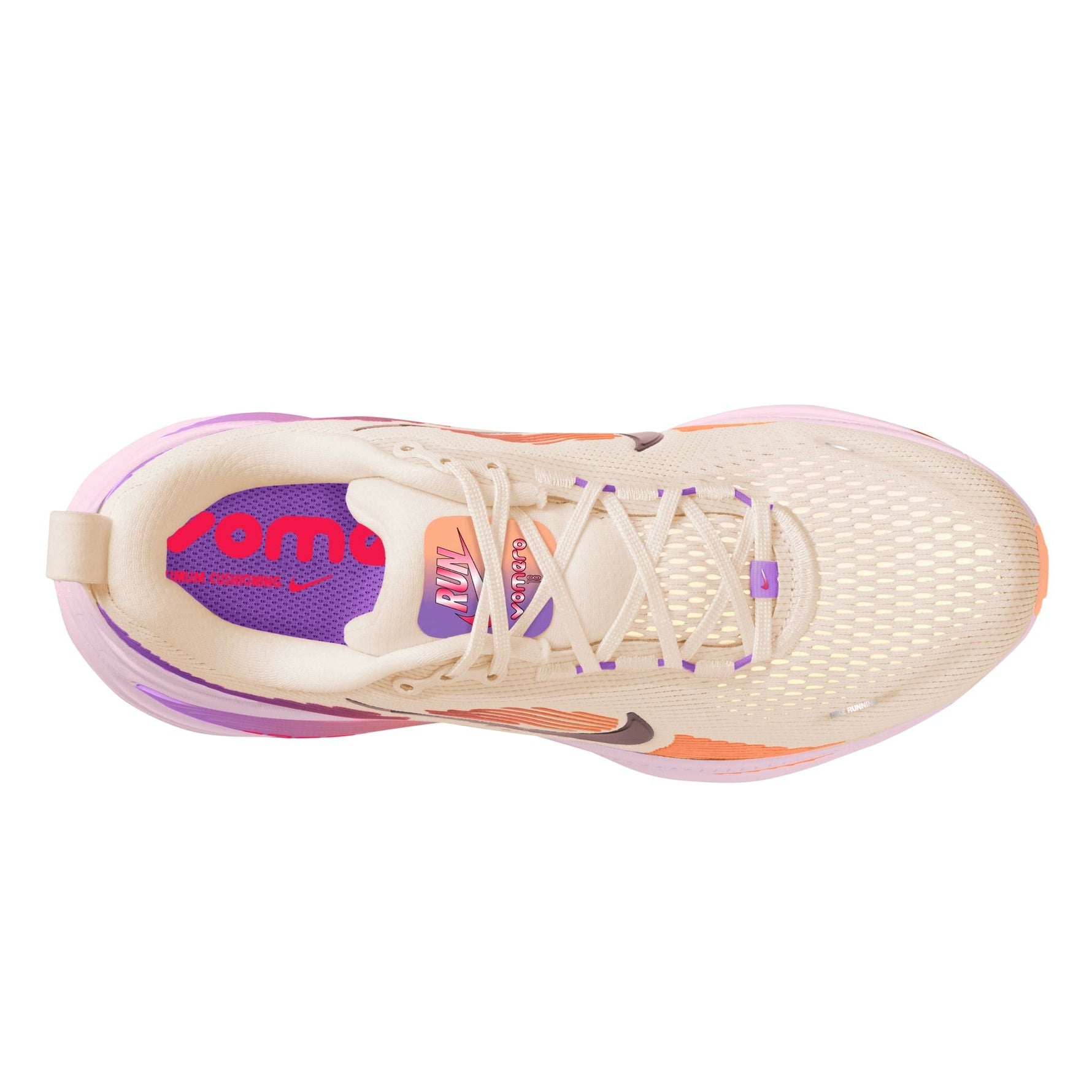 Beige running shoe with colorful accents on a white background