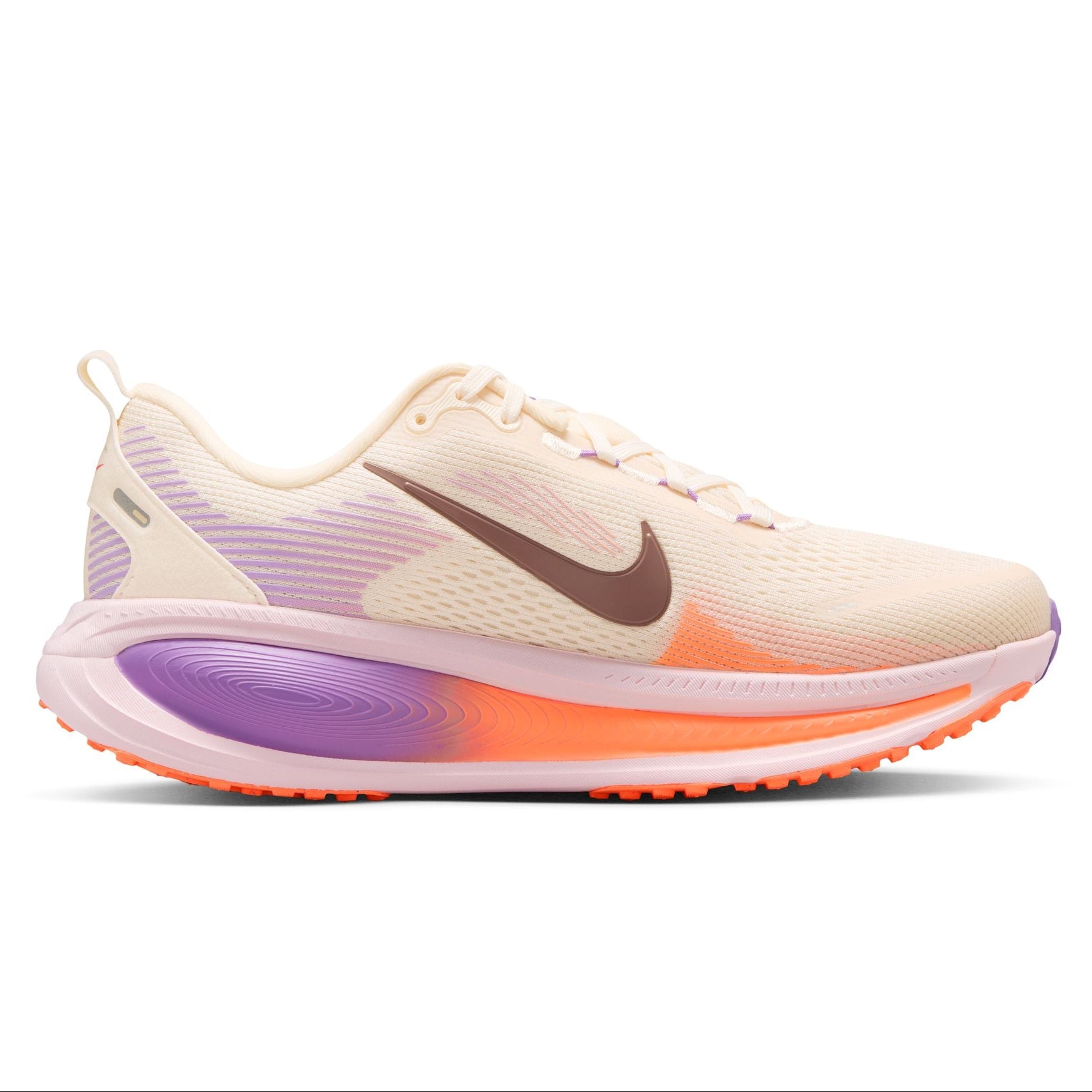Multicolored running shoe with Nike logo on a white background