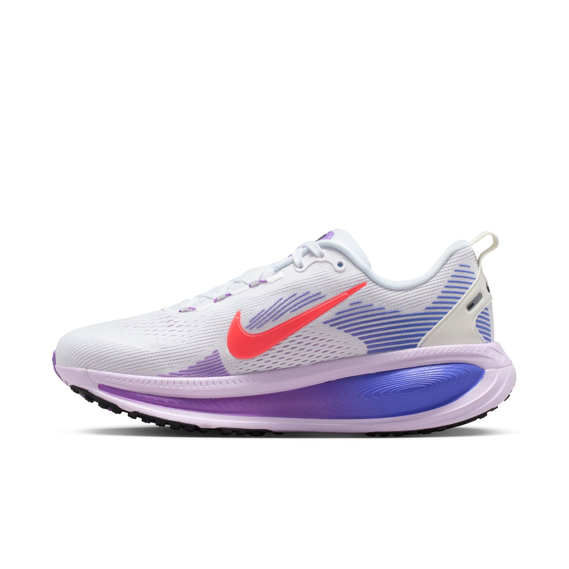 White running shoe with a red Nike logo on a white background