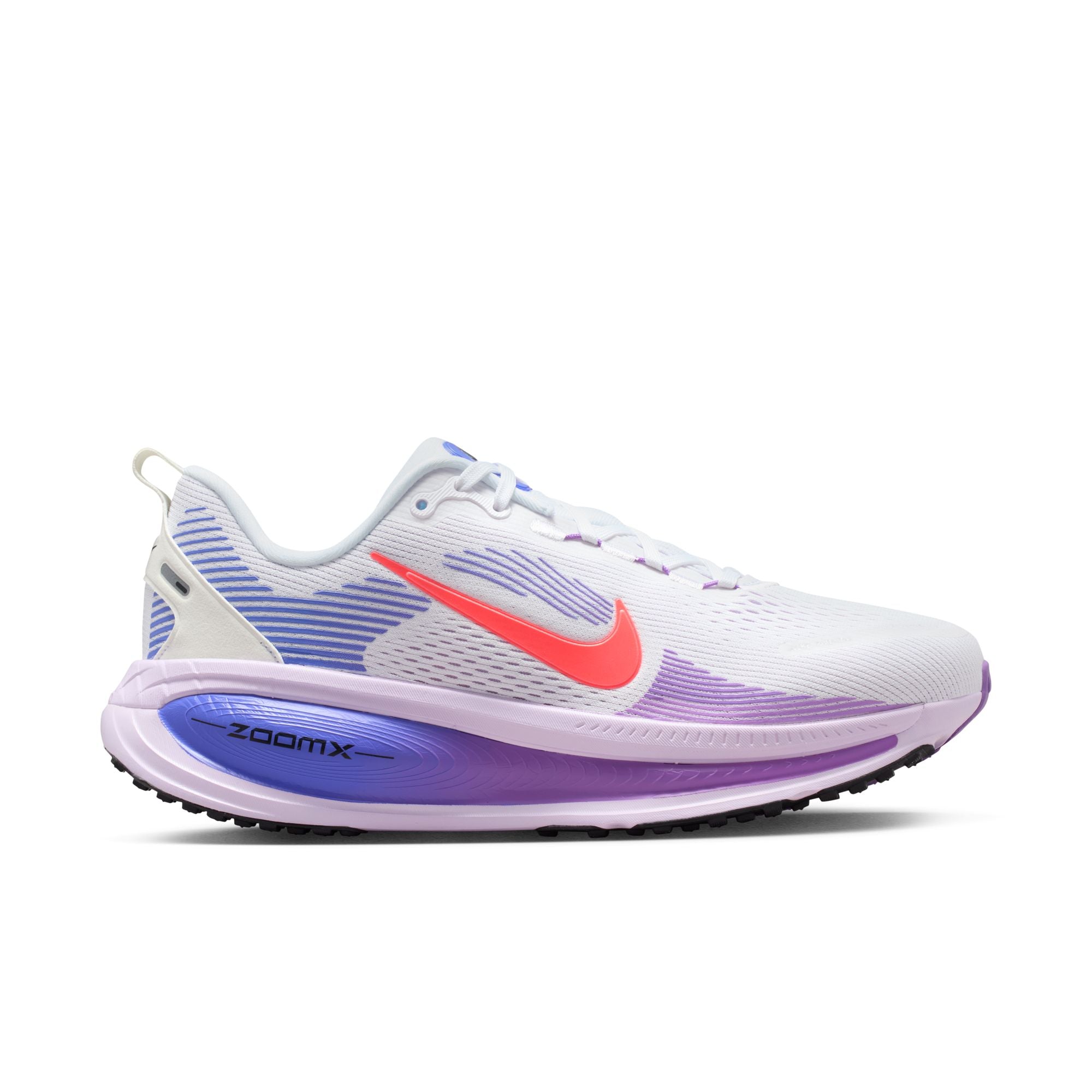 White running shoe with purple accents and a pink Nike logo on a white background