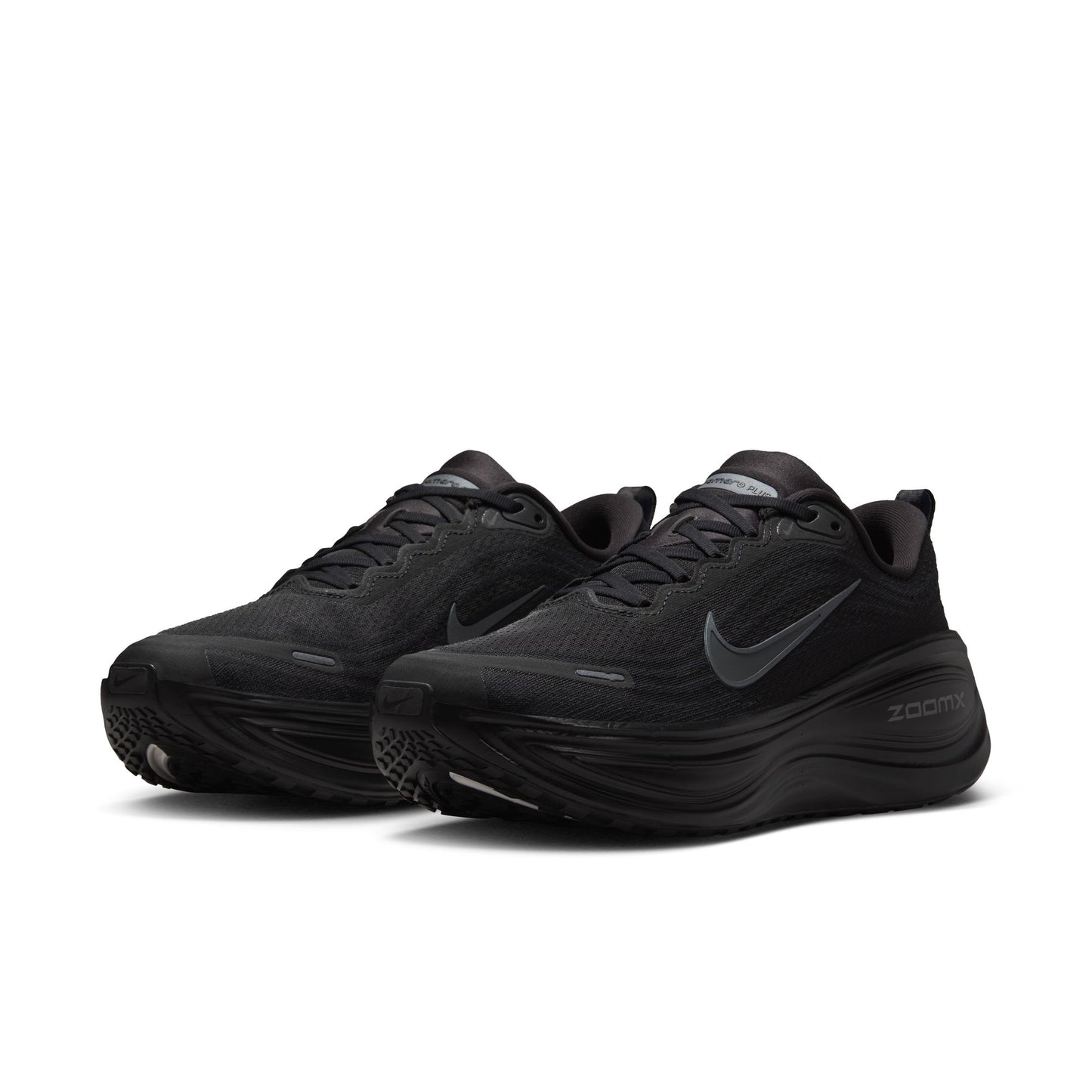 Black running shoes with Nike logo on a white background