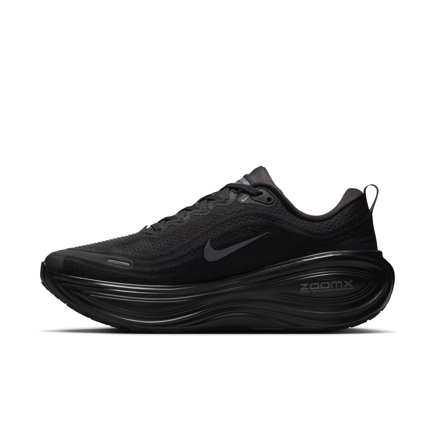 Black running shoe with 'Zoom' branding on a white background