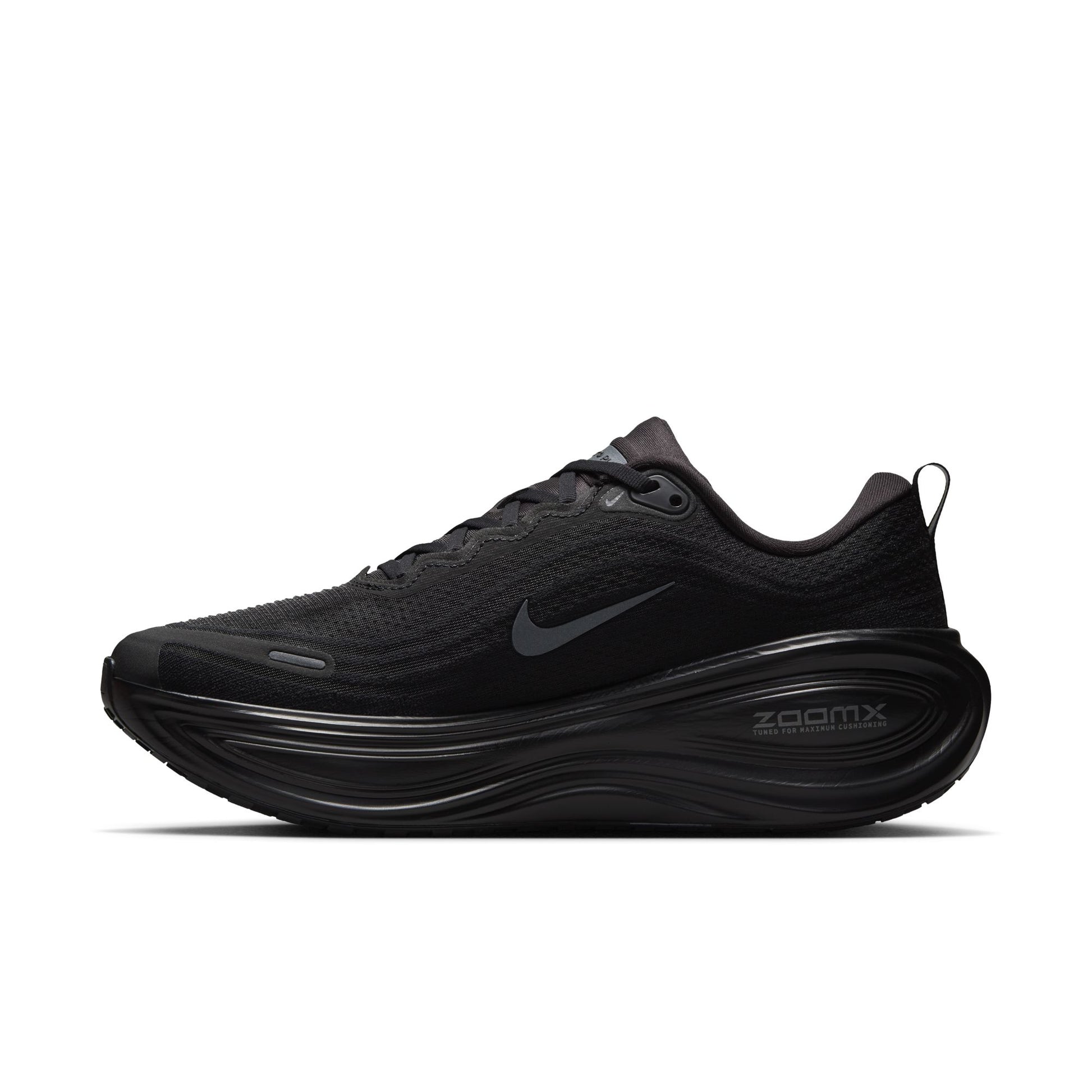Black running shoe with 'Zoom' branding on a white background
