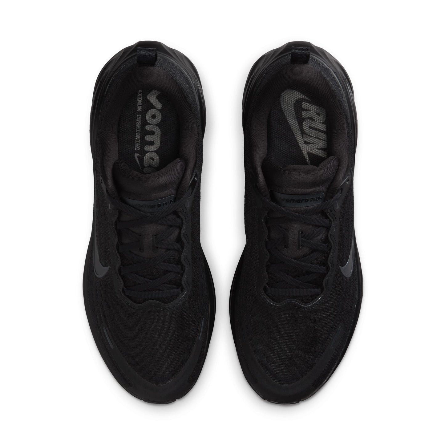Black running shoes with visible brand logos on a white background
