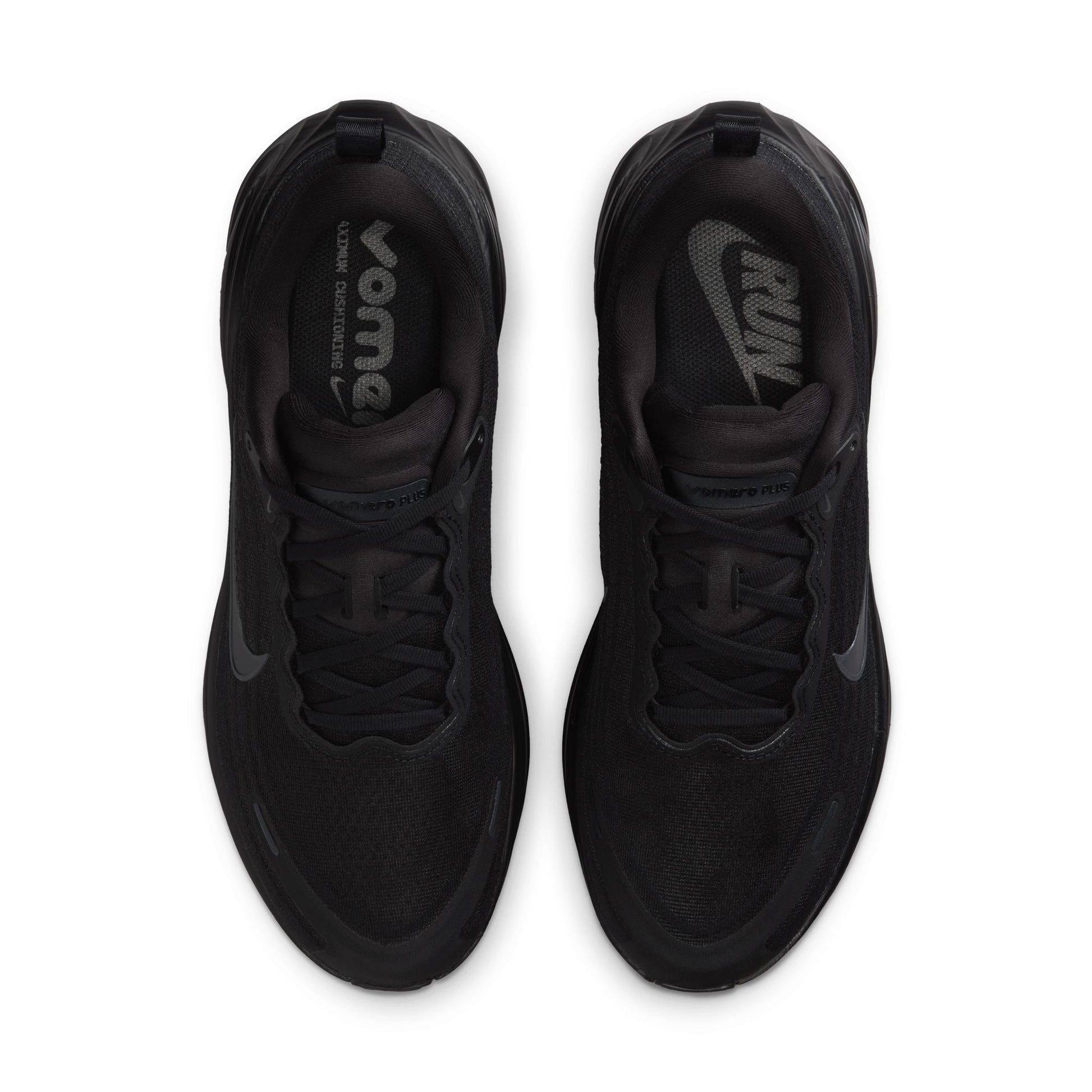 Black running shoes with visible brand logos on a white background