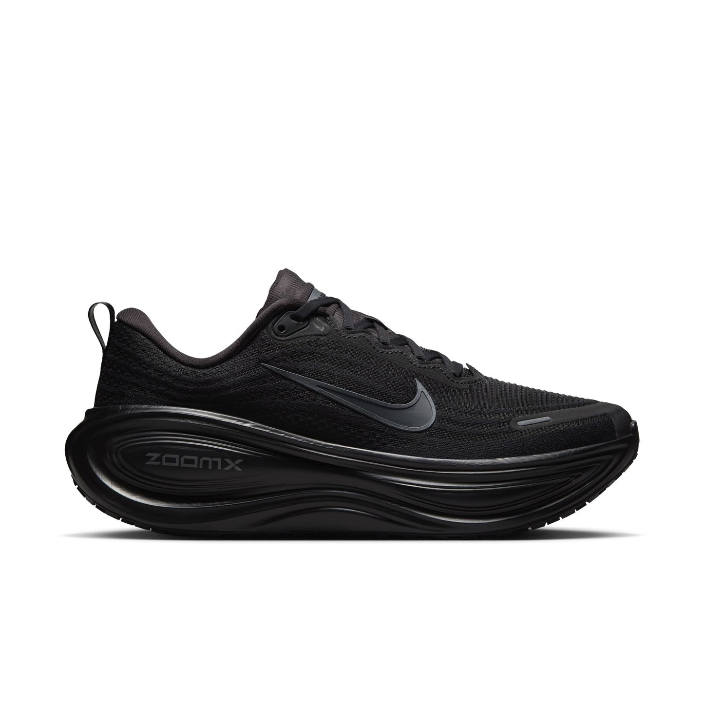 Black running shoe with Nike logo on a white background