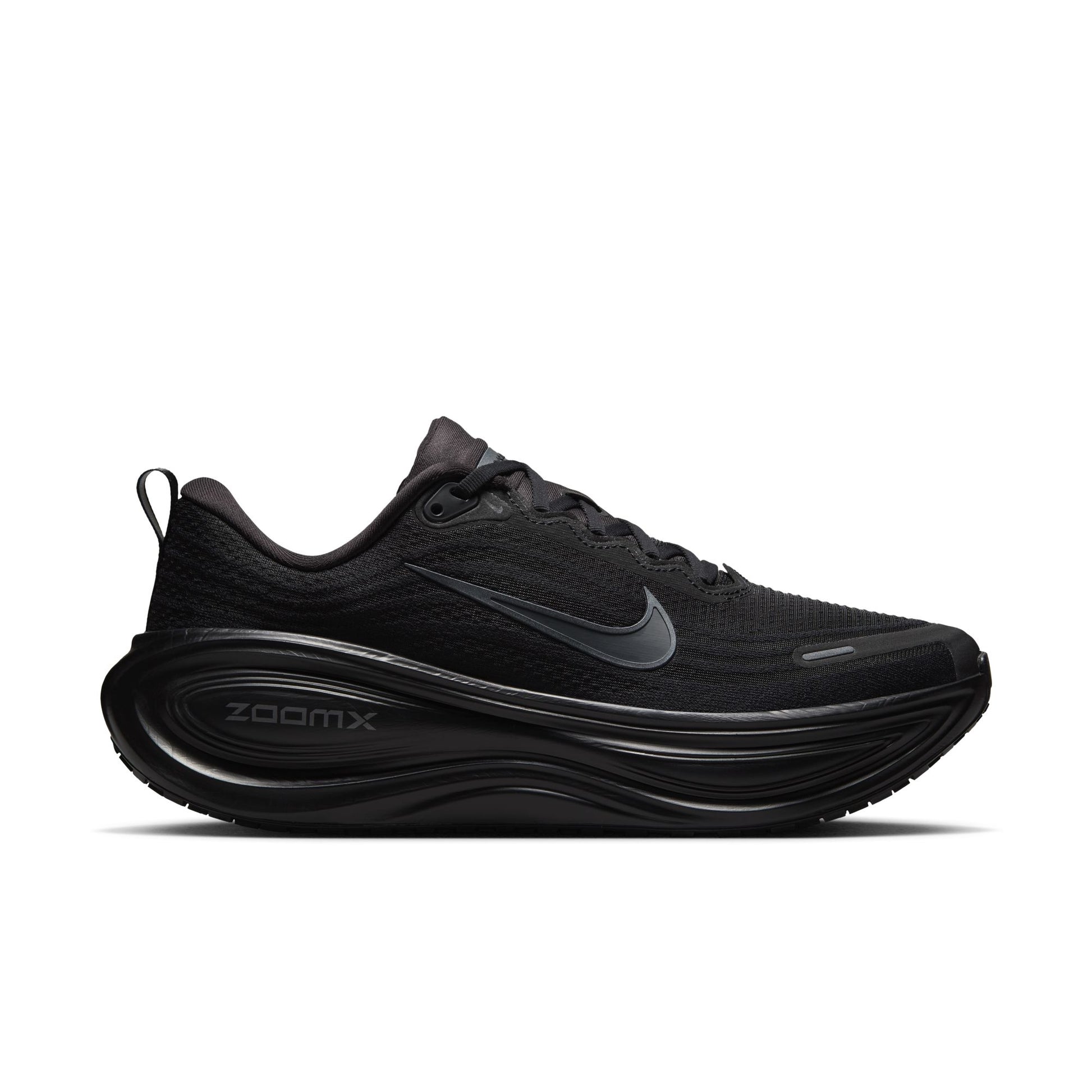 Black running shoe with Nike logo on a white background