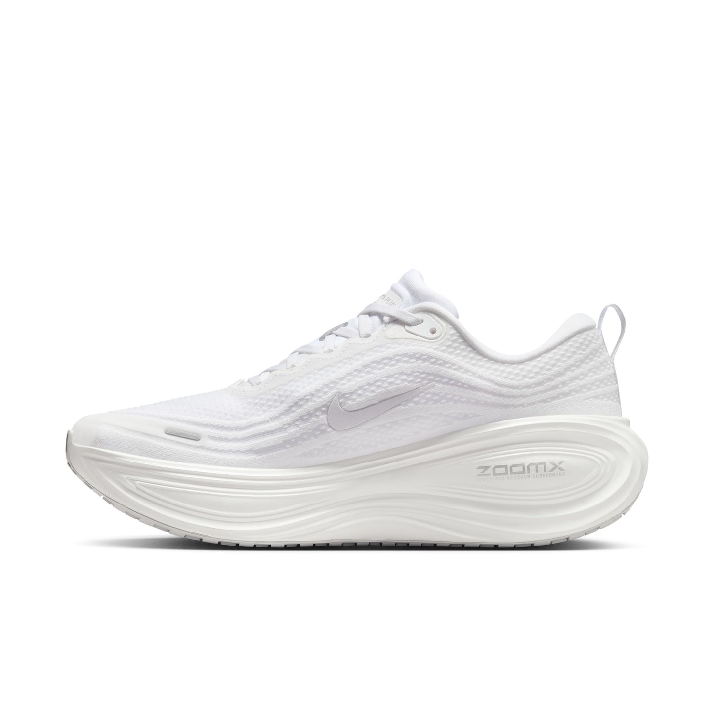 White running shoe with 'ZoomX' branding on a white background