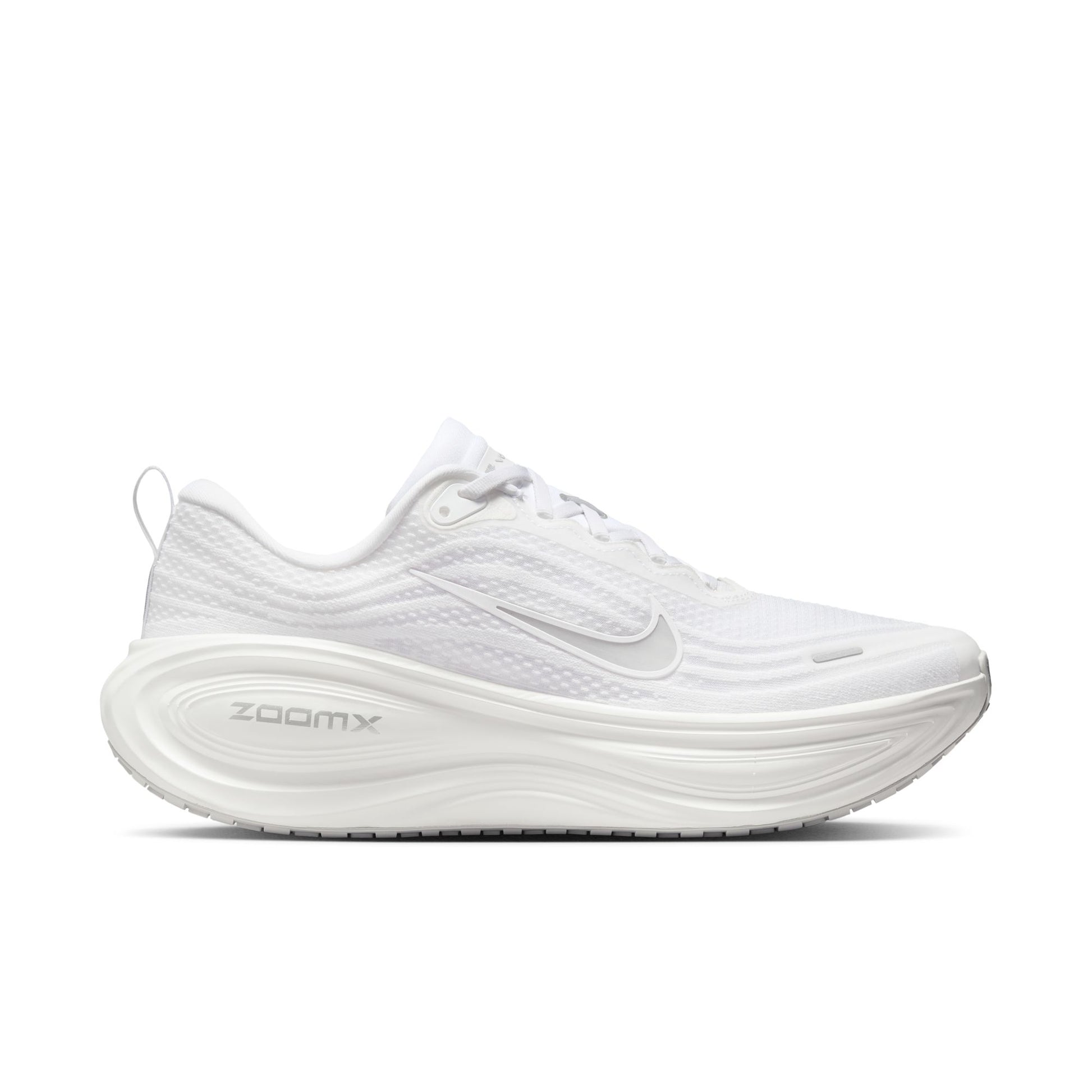 White running shoe with 'ZoomX' branding on a white background