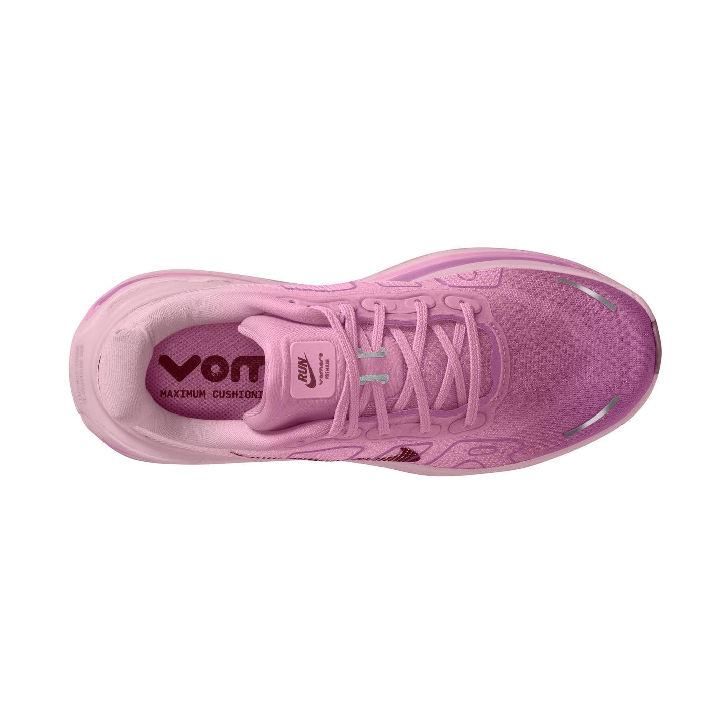 Pink running shoe with visible branding on a white background