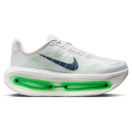White running shoe with green air sole on a white background