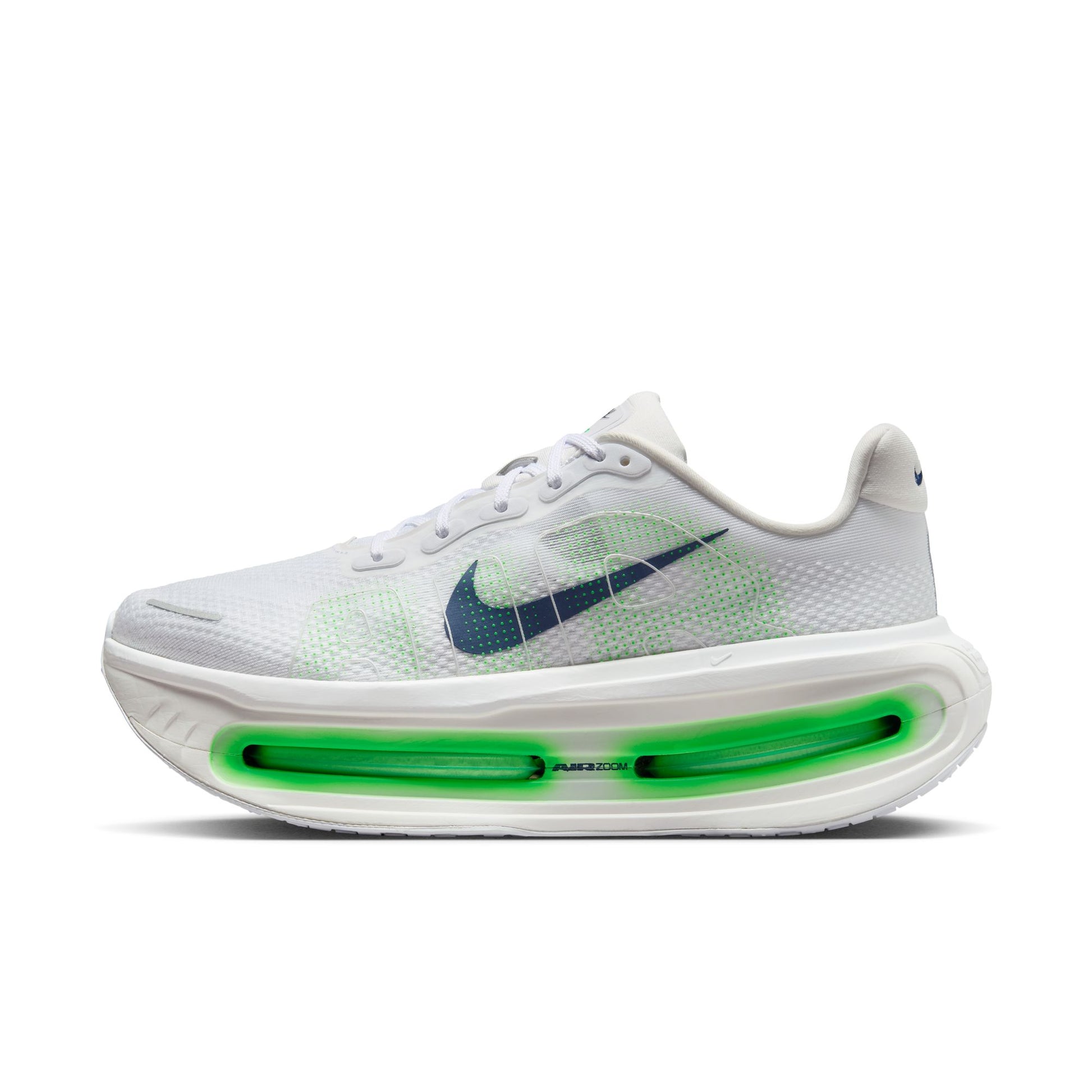 White running shoe with green sole on a white background