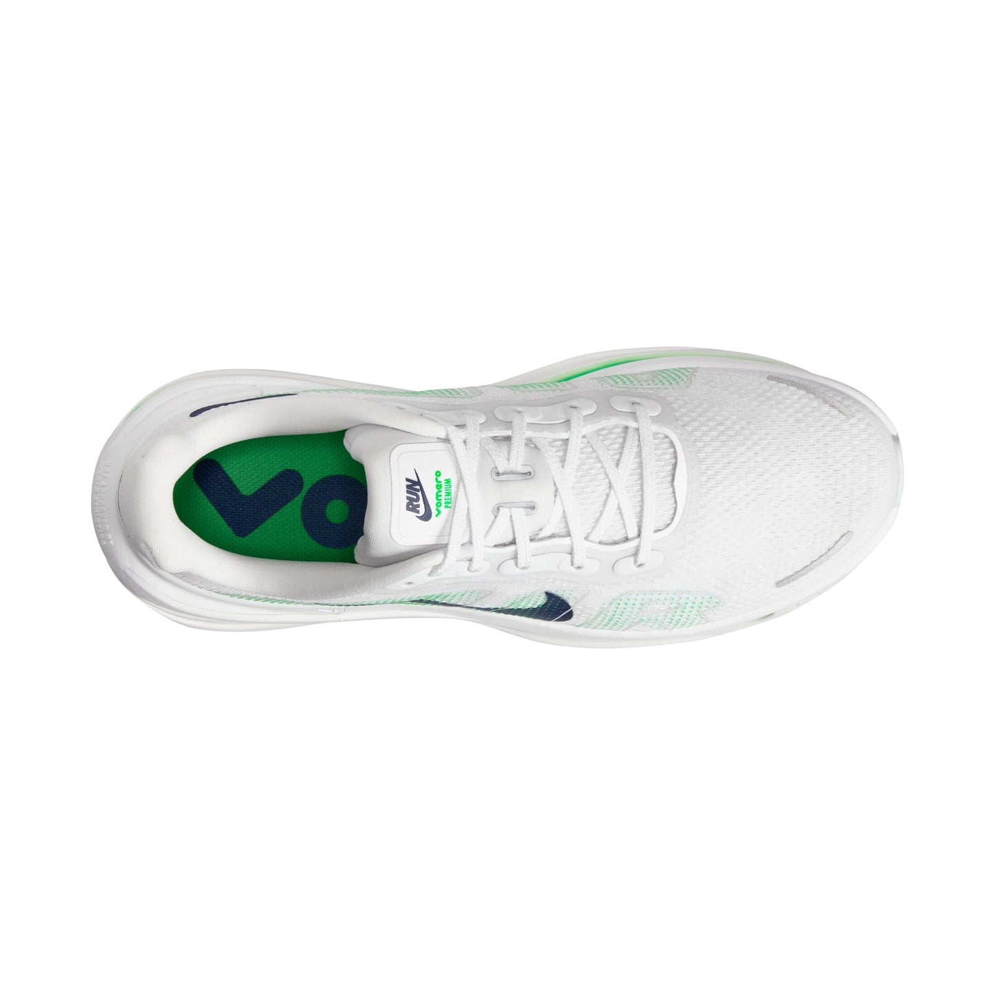 White sneaker with green and blue accents on a white background