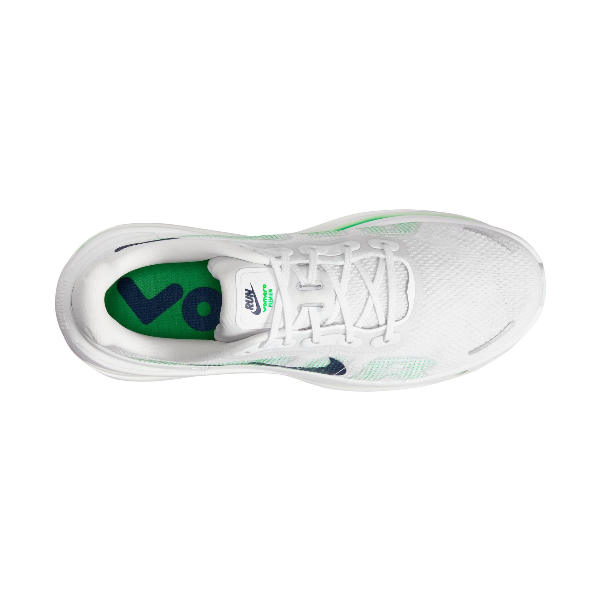White sneaker with green and blue accents on a white background