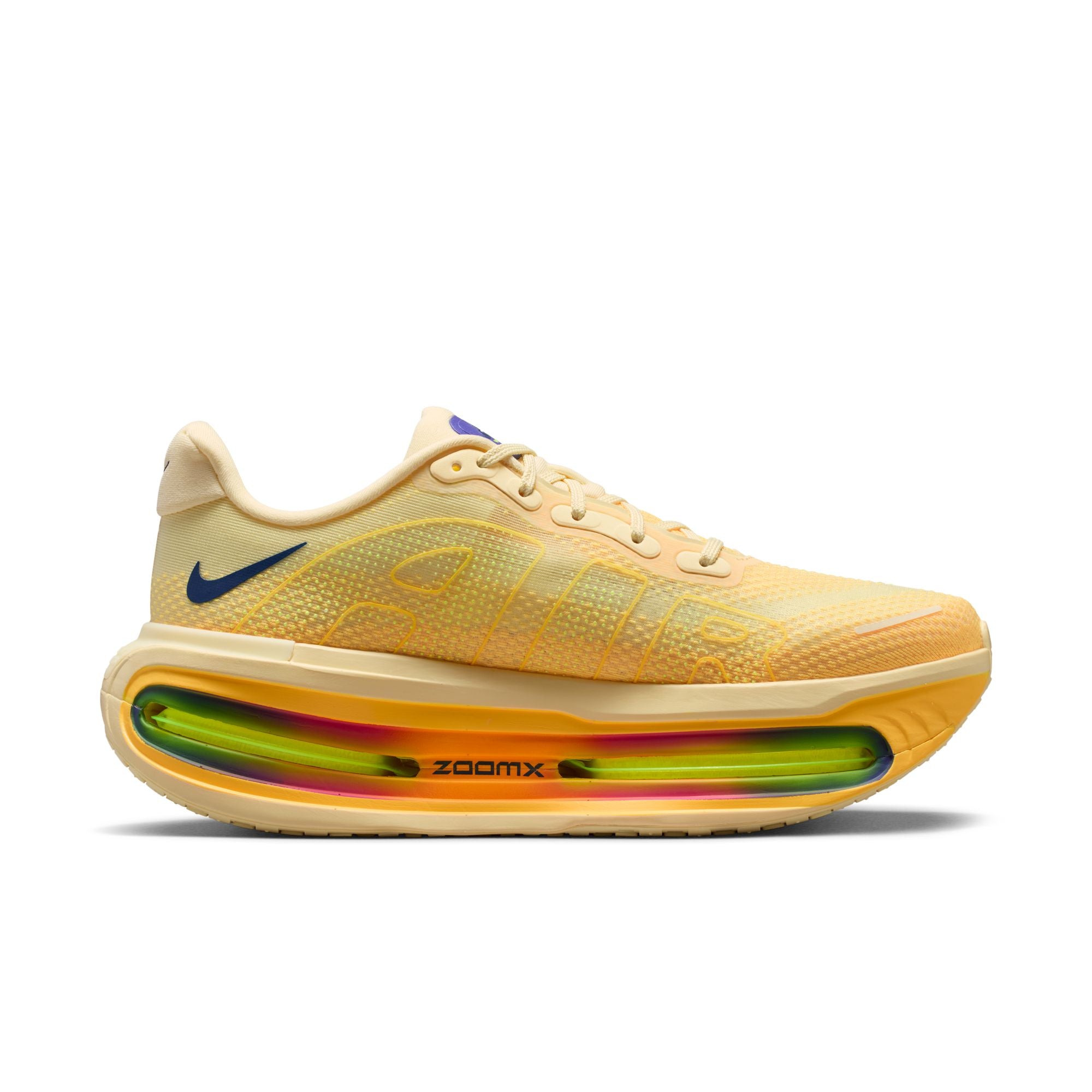 Yellow running shoe with colorful sole on a white background