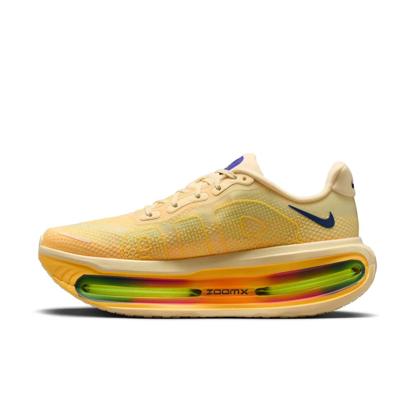 Yellow running shoe with colorful sole on a white background