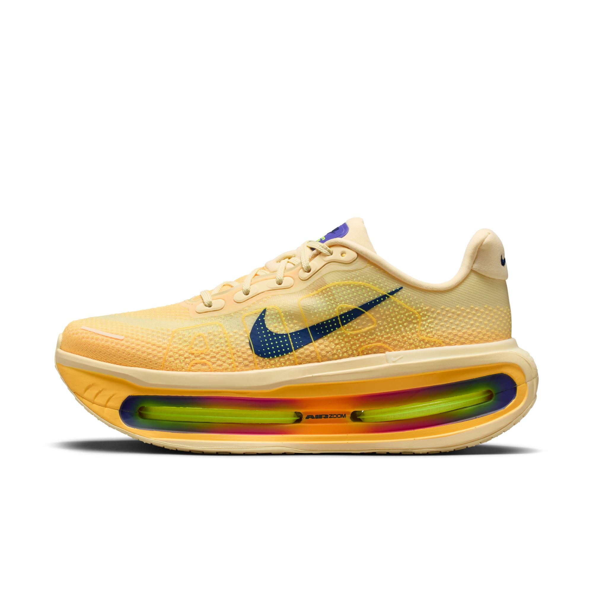 Yellow running shoe with colorful air sole on a white background