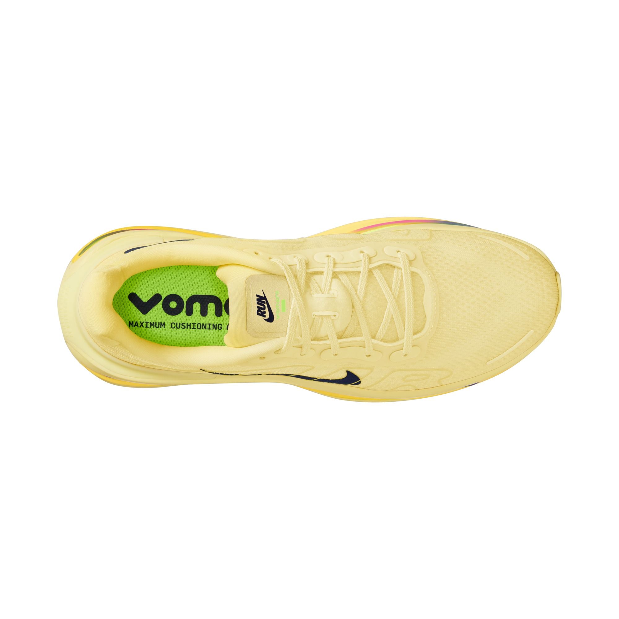 Yellow running shoe with Nike logo and 'vomero' branding on a white background