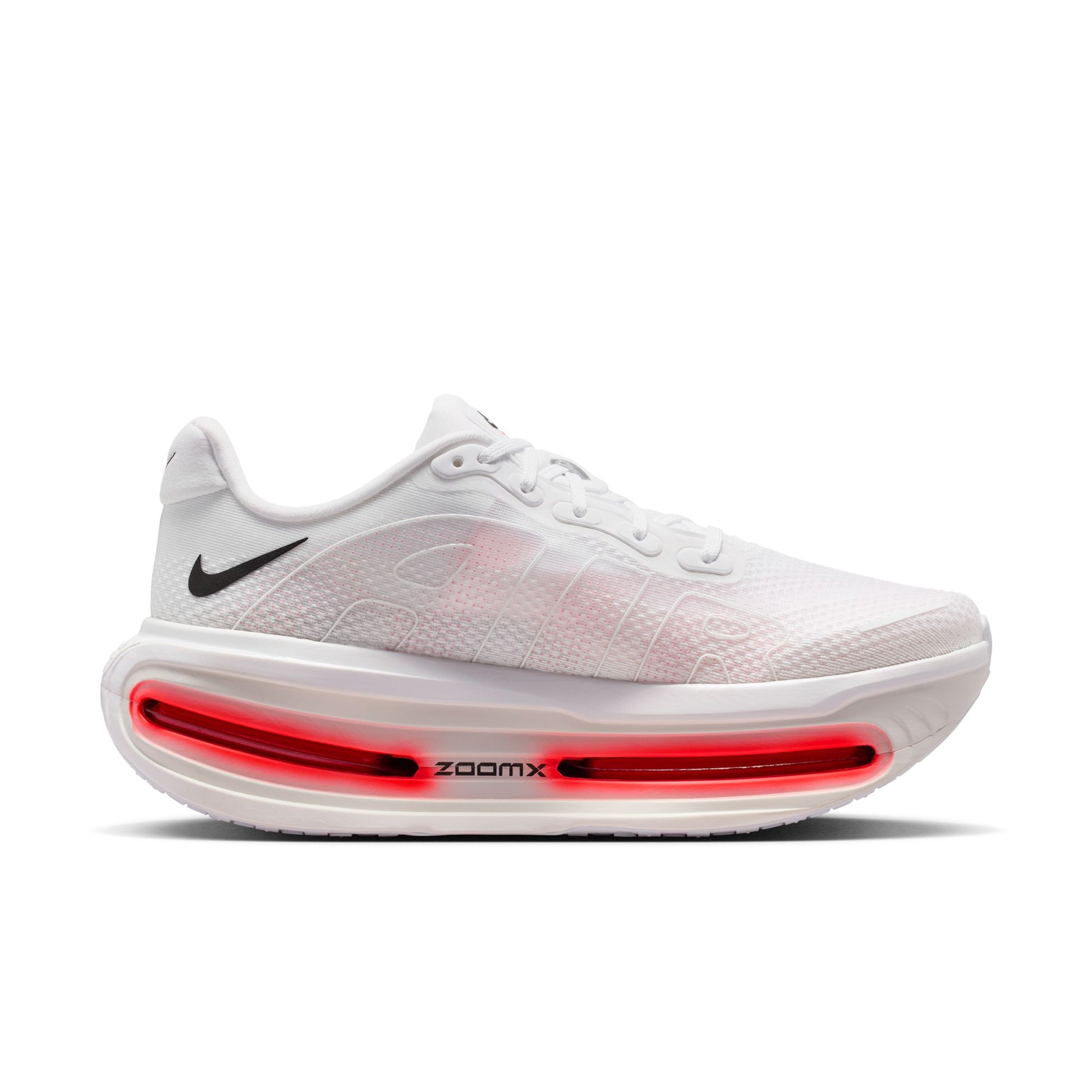White running shoe with red sole on a white background