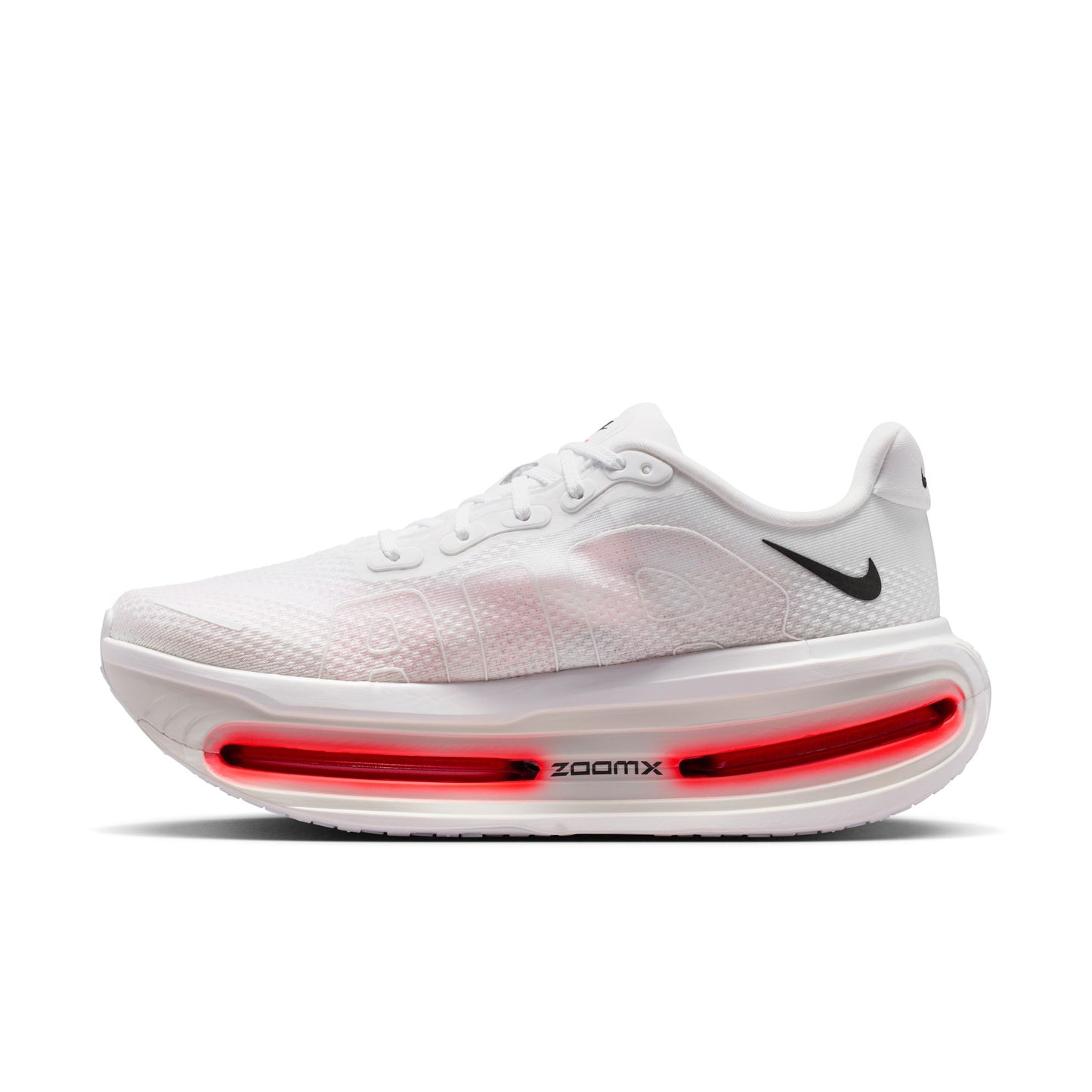 White running shoe with red sole on a white background