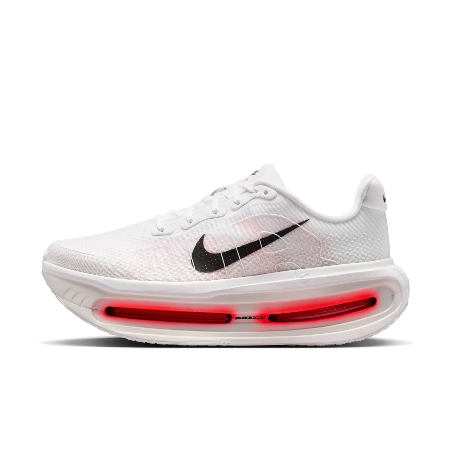 White running shoe with red sole on a white background