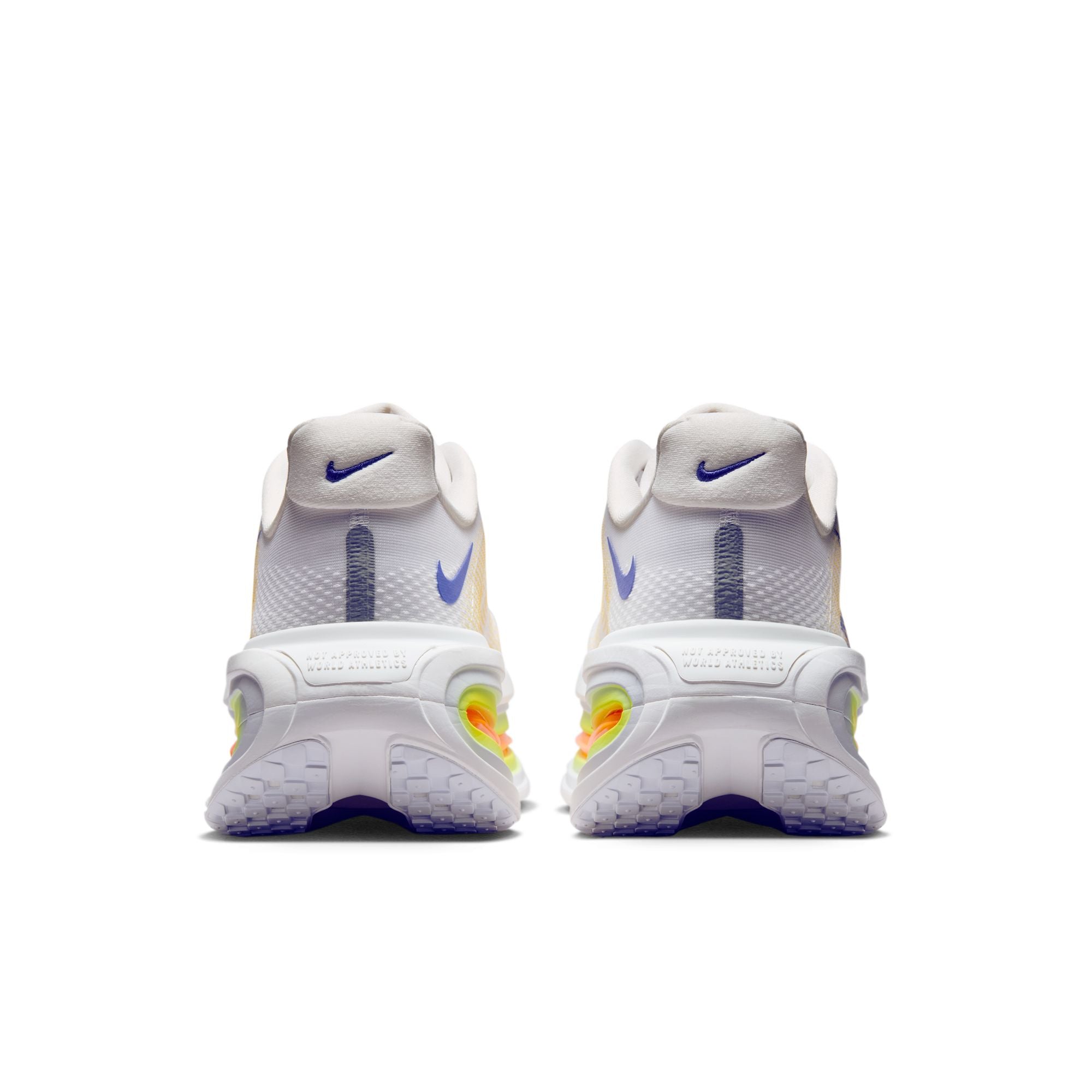 White shoe with blue, yellow orange accents on white background
