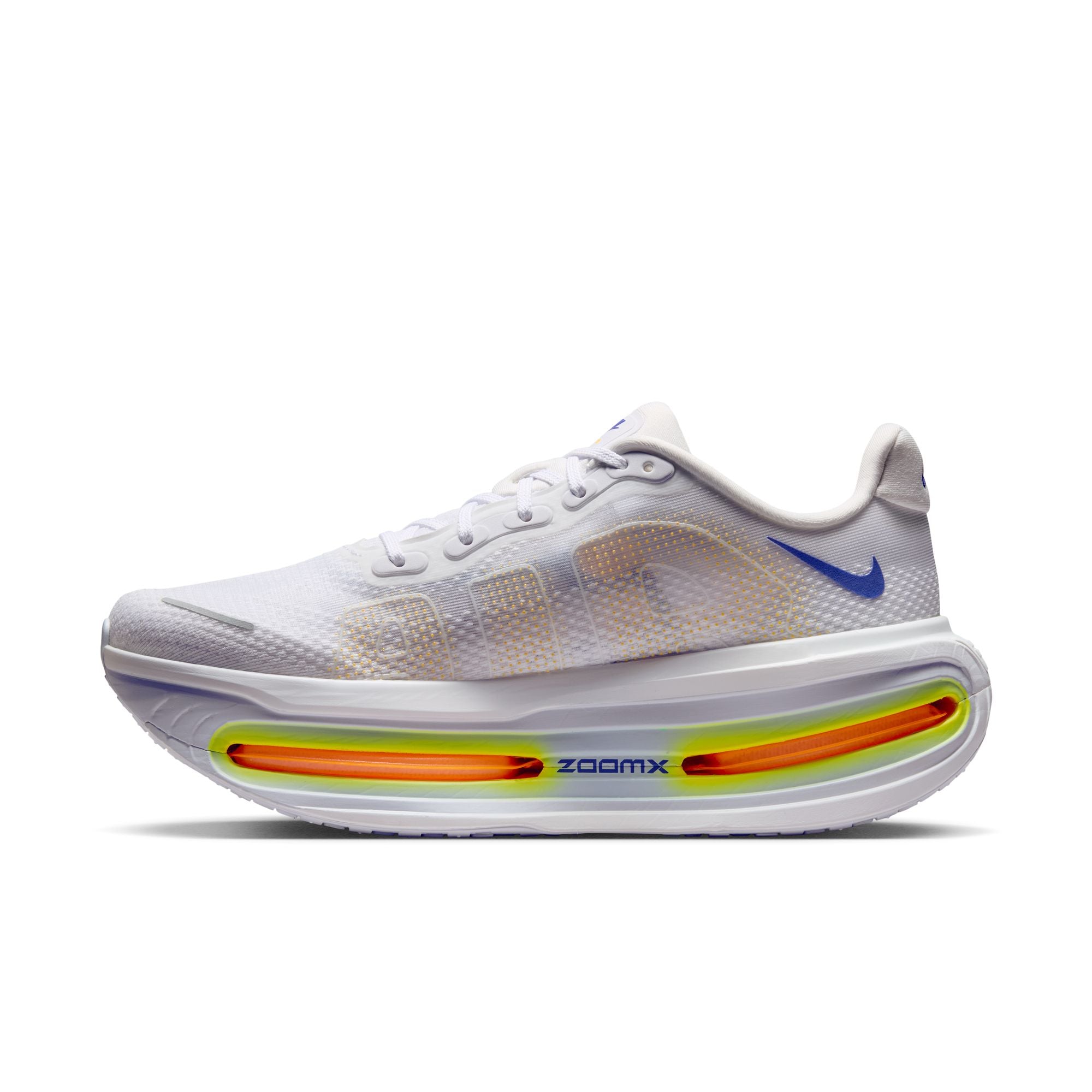 White shoe with blue, yellow orange accents on white background