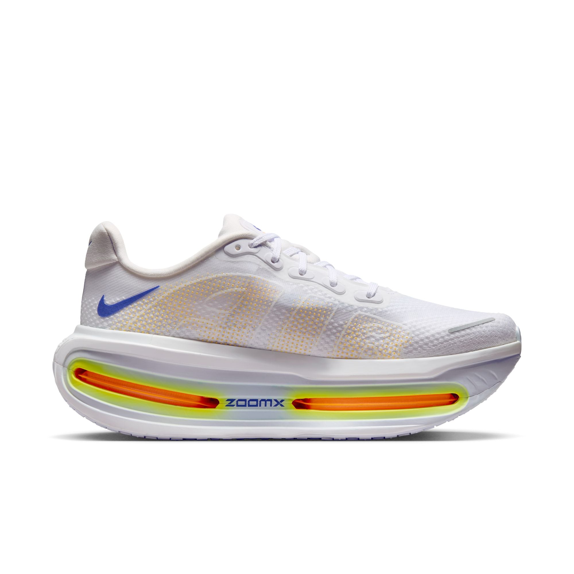 White shoe with blue, yellow orange accents on white background