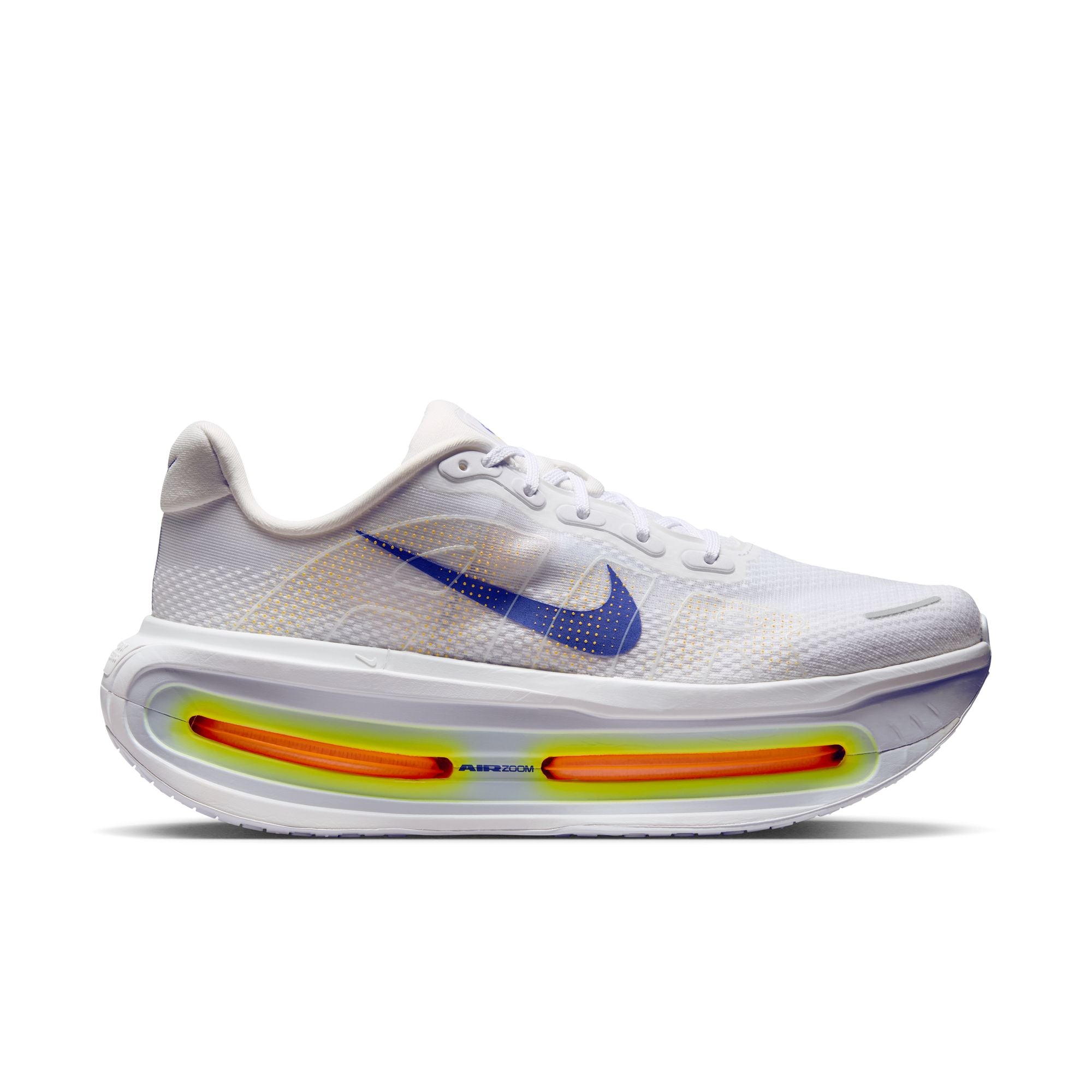 White shoe with blue, yellow orange accents on white background