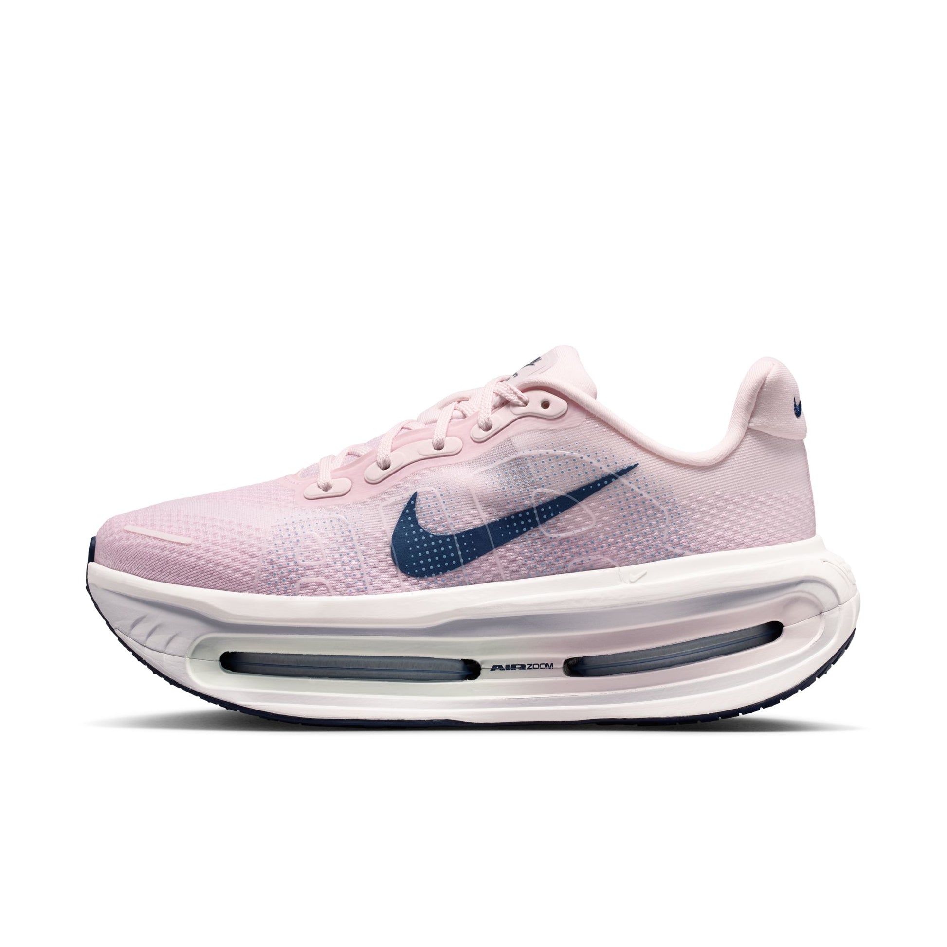 Pink shoe with blue accent on white background