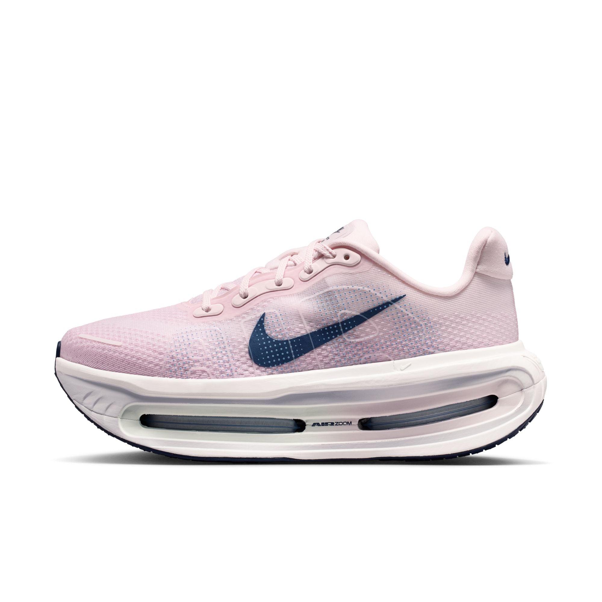 Pink shoe with blue accent on white background