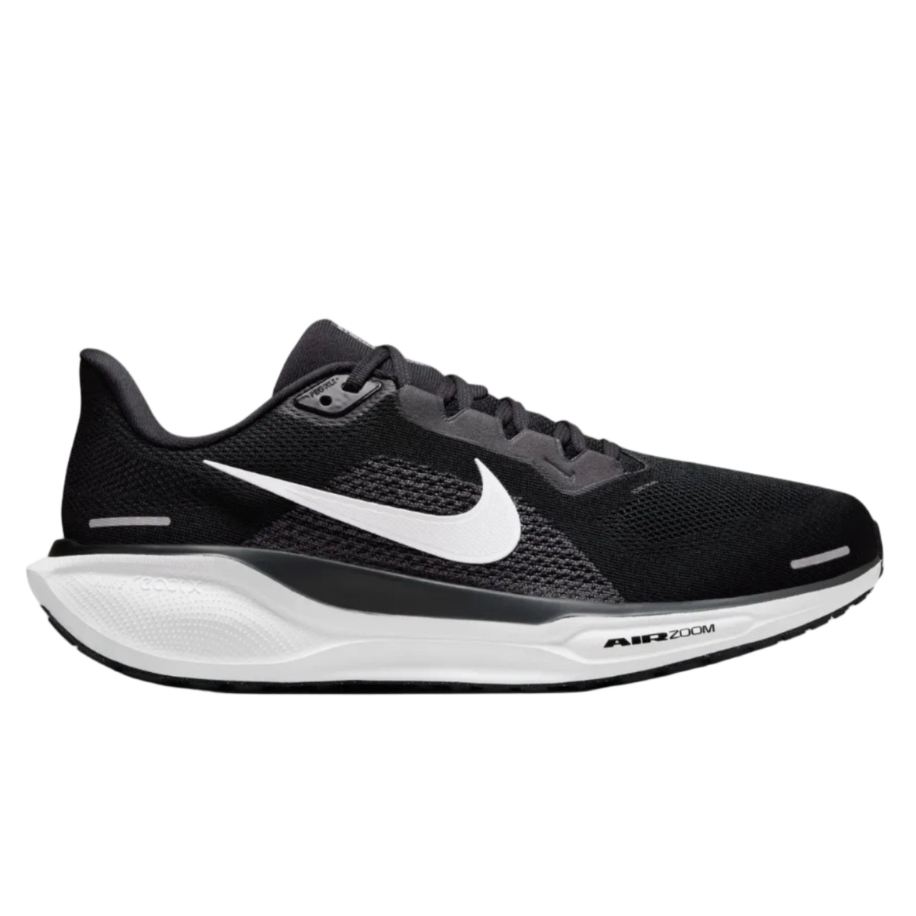 Black running shoe with white Nike logo on a white background
