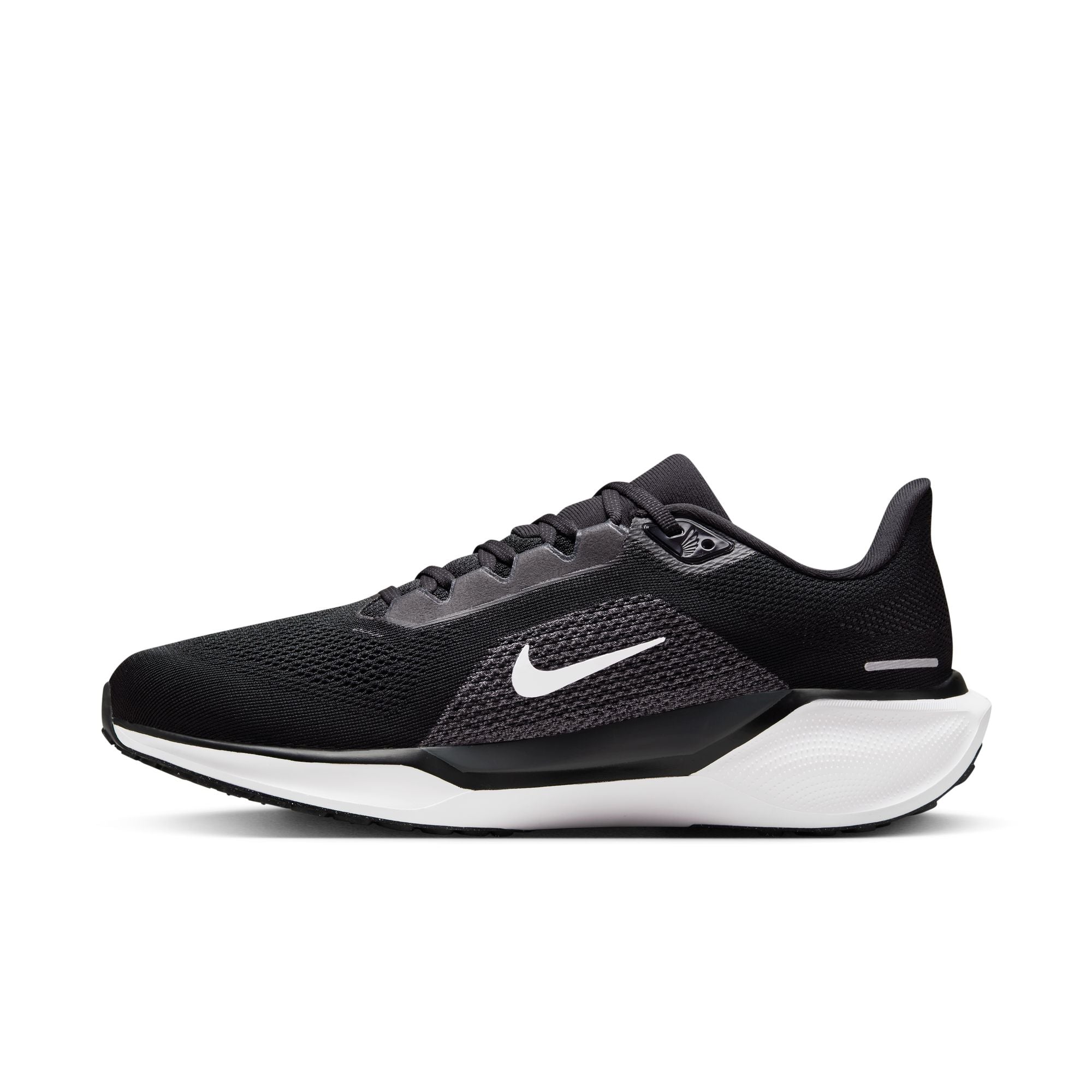Black running shoe with Nike logo on a white background