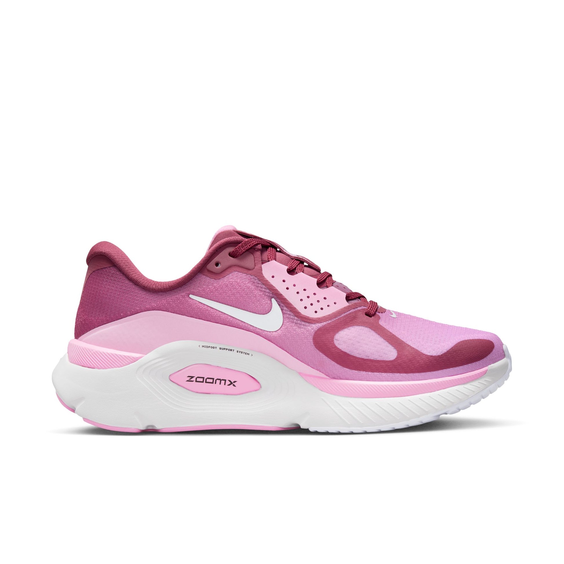 Pink and purple running shoe with Nike logo on a white background