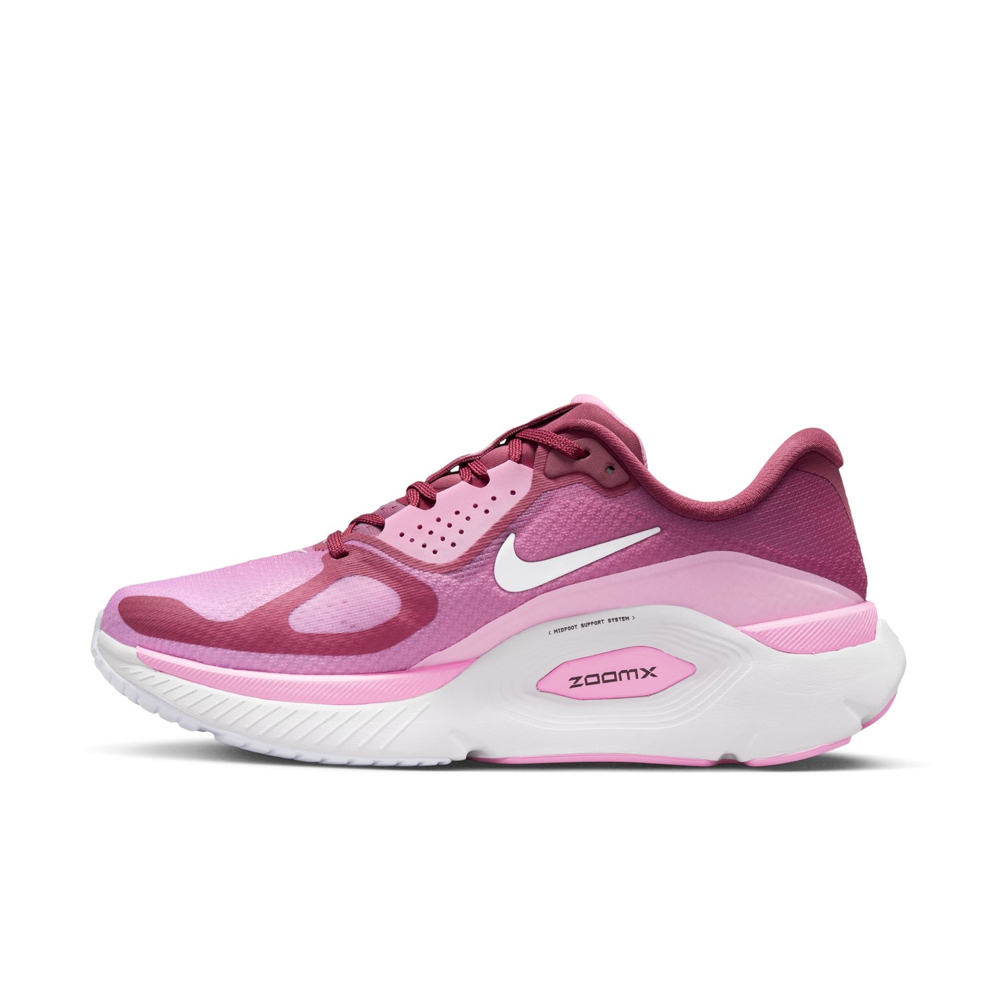 Pink and purple running shoe with Nike logo on a white background