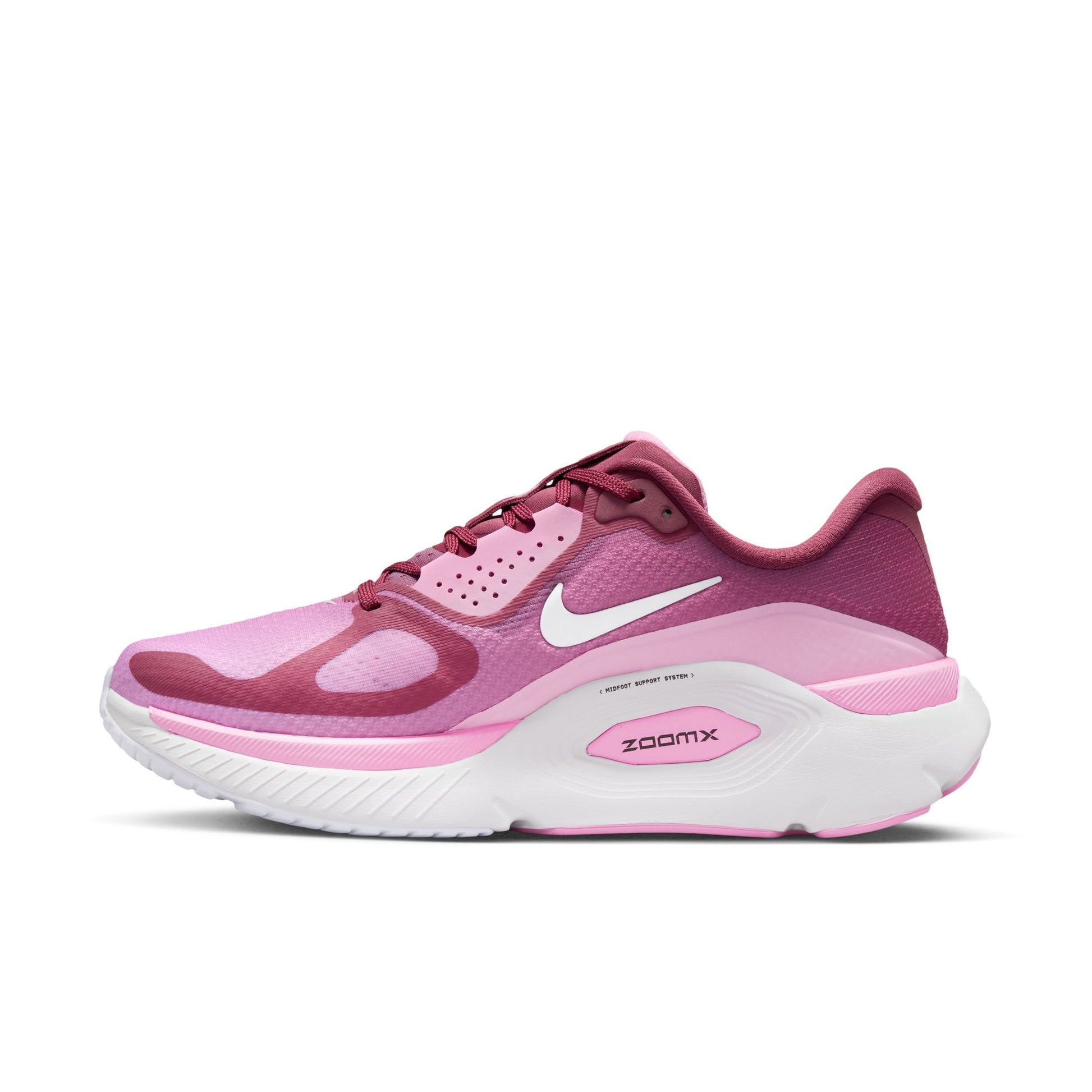 Pink and purple running shoe with Nike logo on a white background