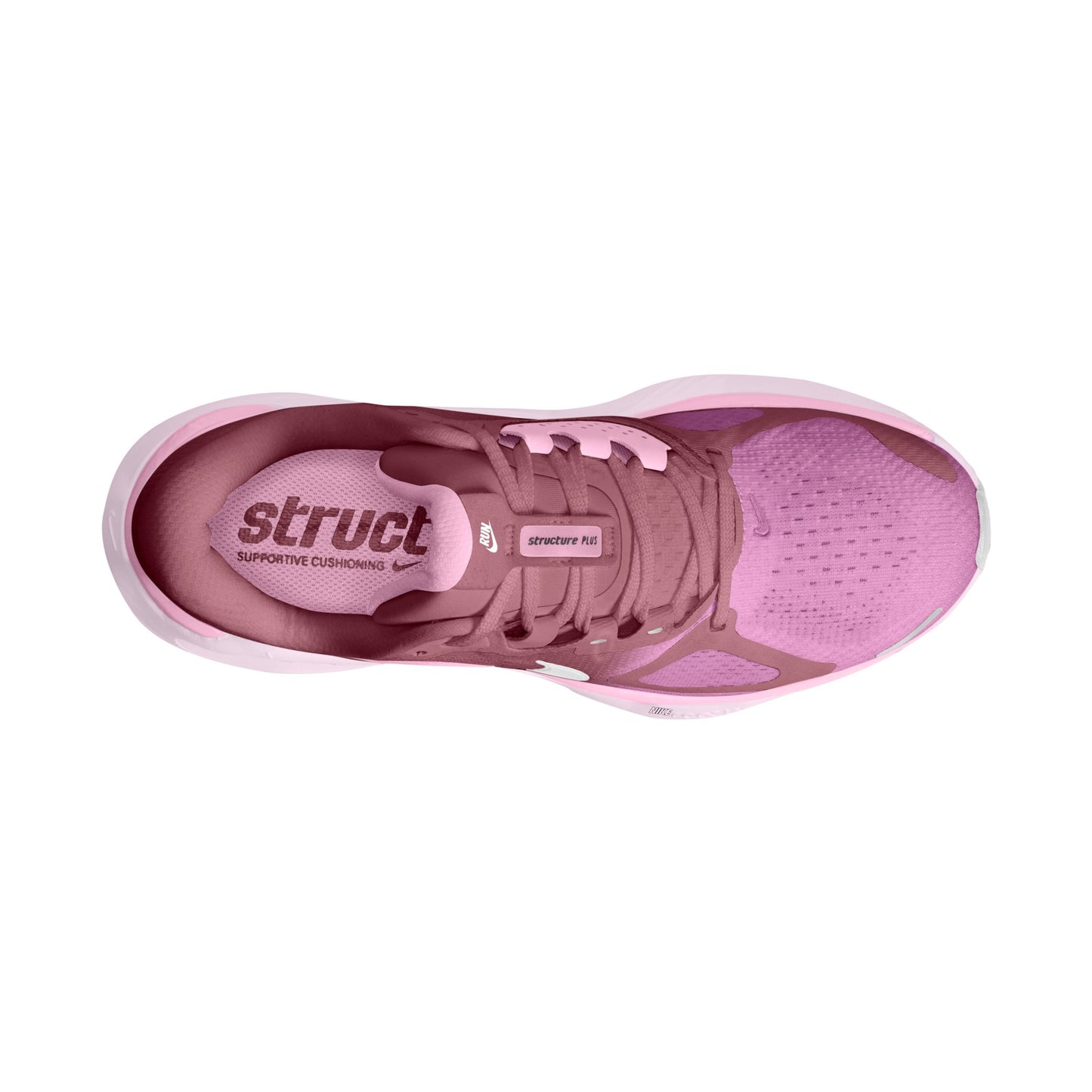 Pink athletic shoe with 'struct' branding on a white background