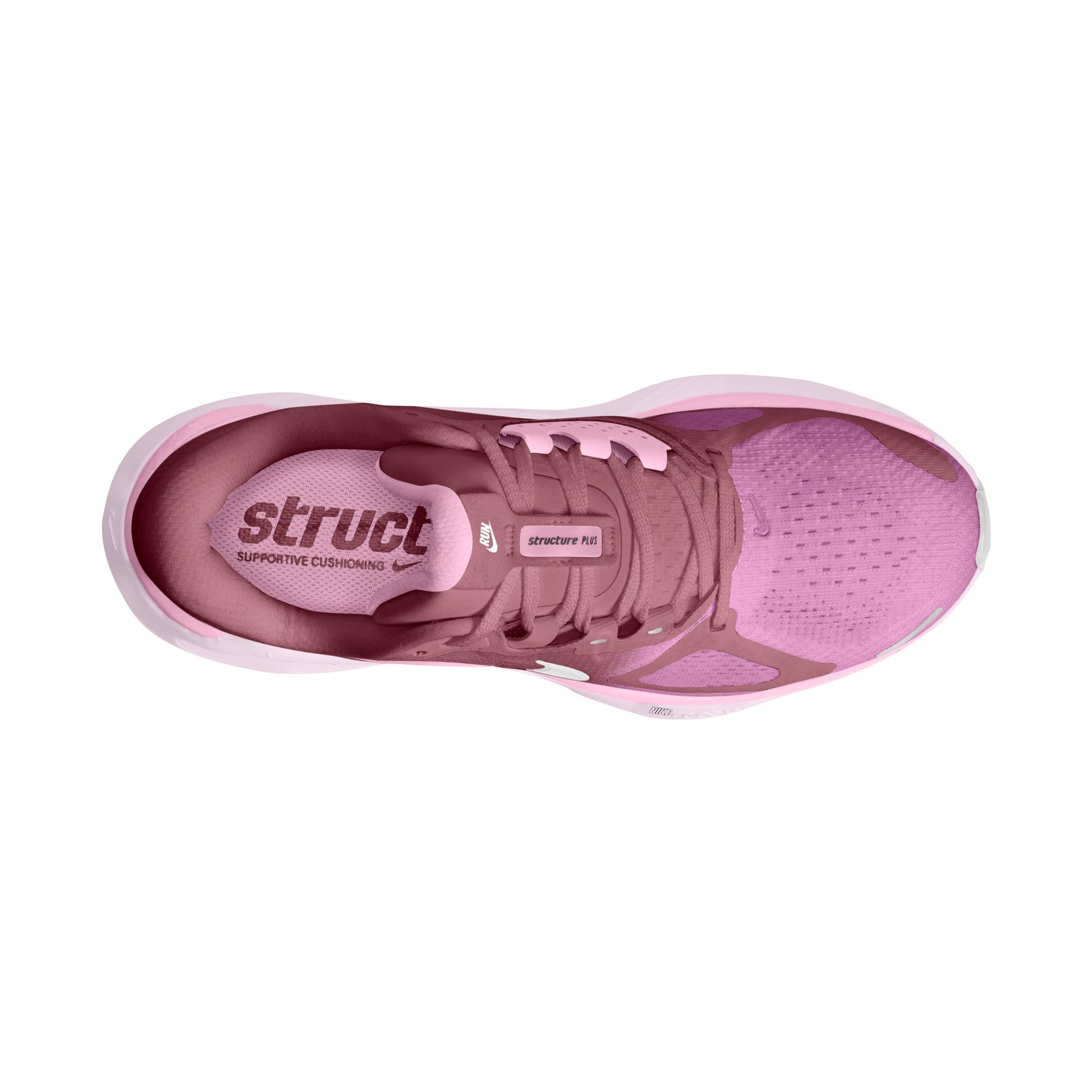 Pink athletic shoe with 'struct' branding on a white background