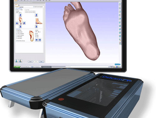 Picture of 3D Laser Scanner and picture of foot on screen for orthotic manufacturing