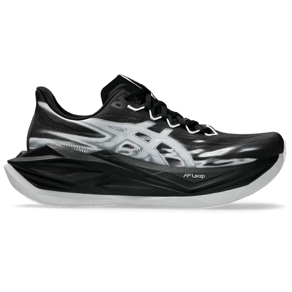 Black running shoe with white laces on a white background