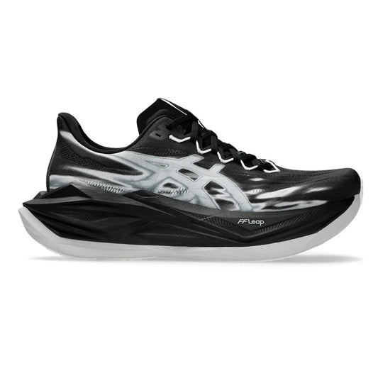 Black running shoe with white laces on a white background