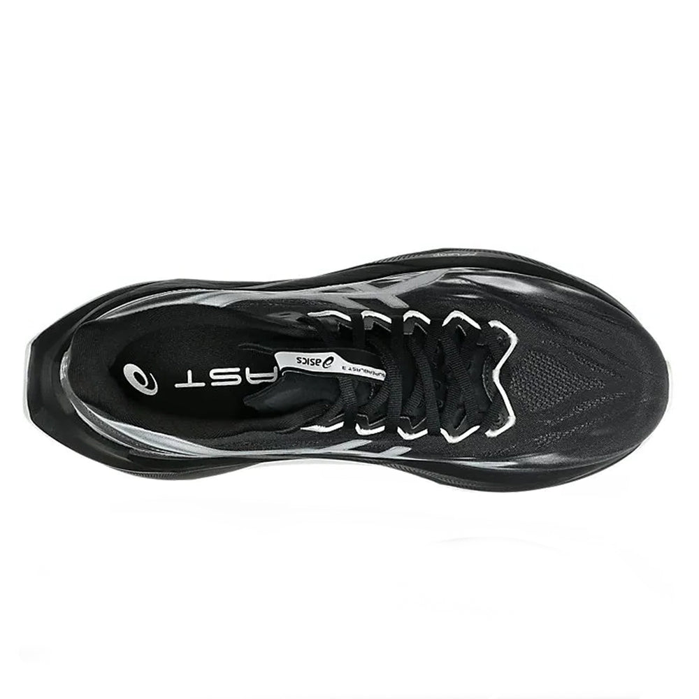 Black running shoe with white laces on a white background
