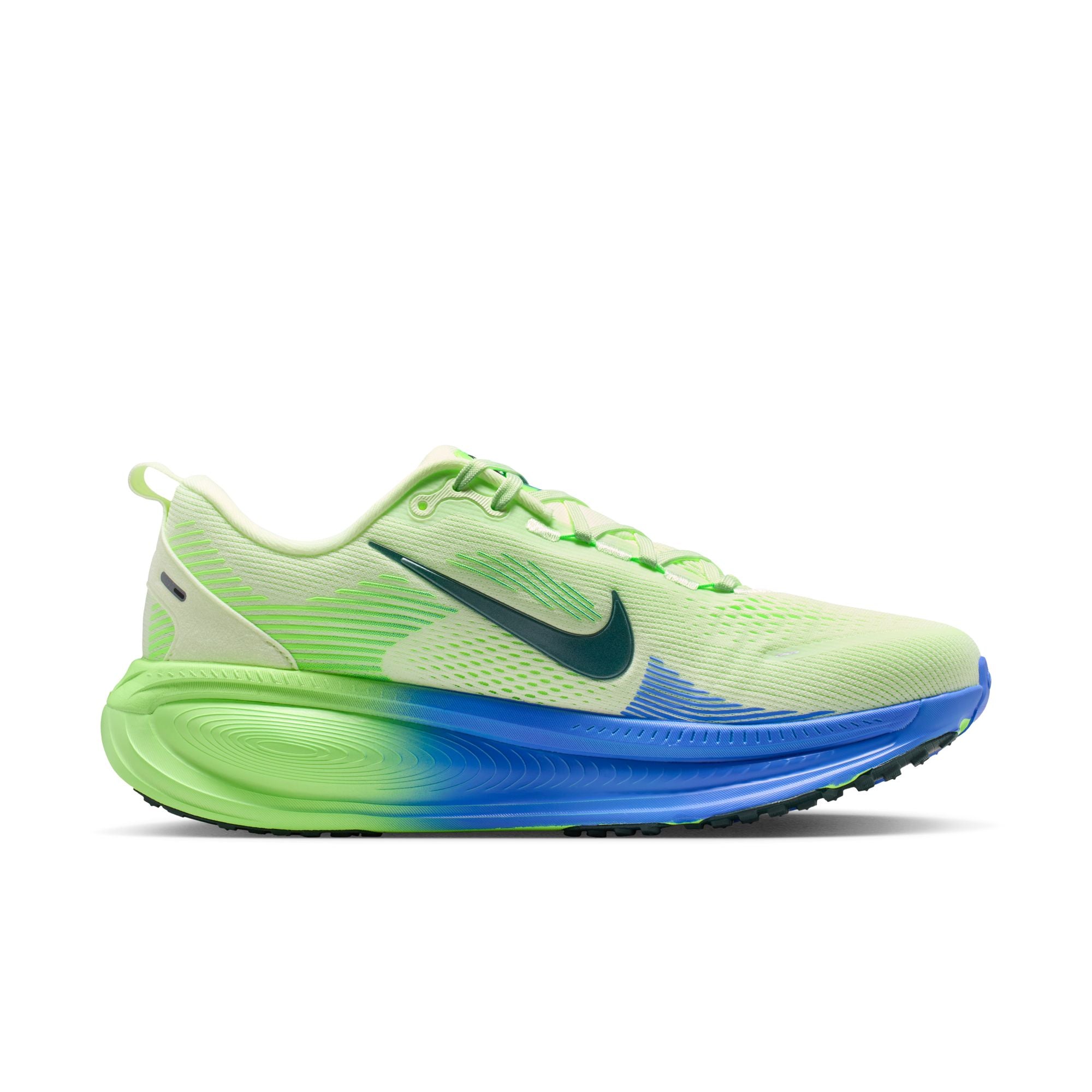 Green and blue running shoe with Nike logo on a white background