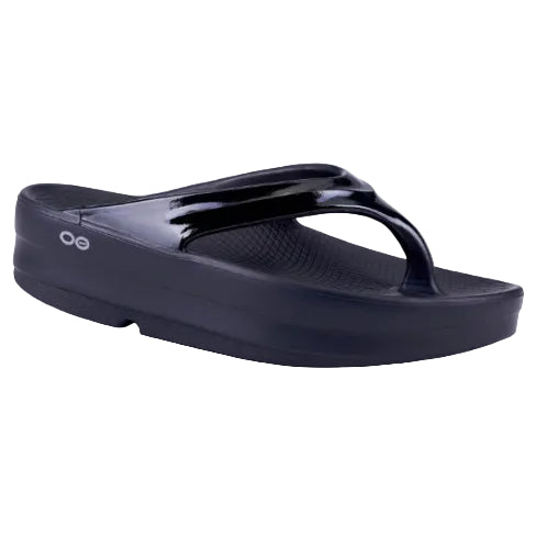 Black sandal with brand logo on a white background